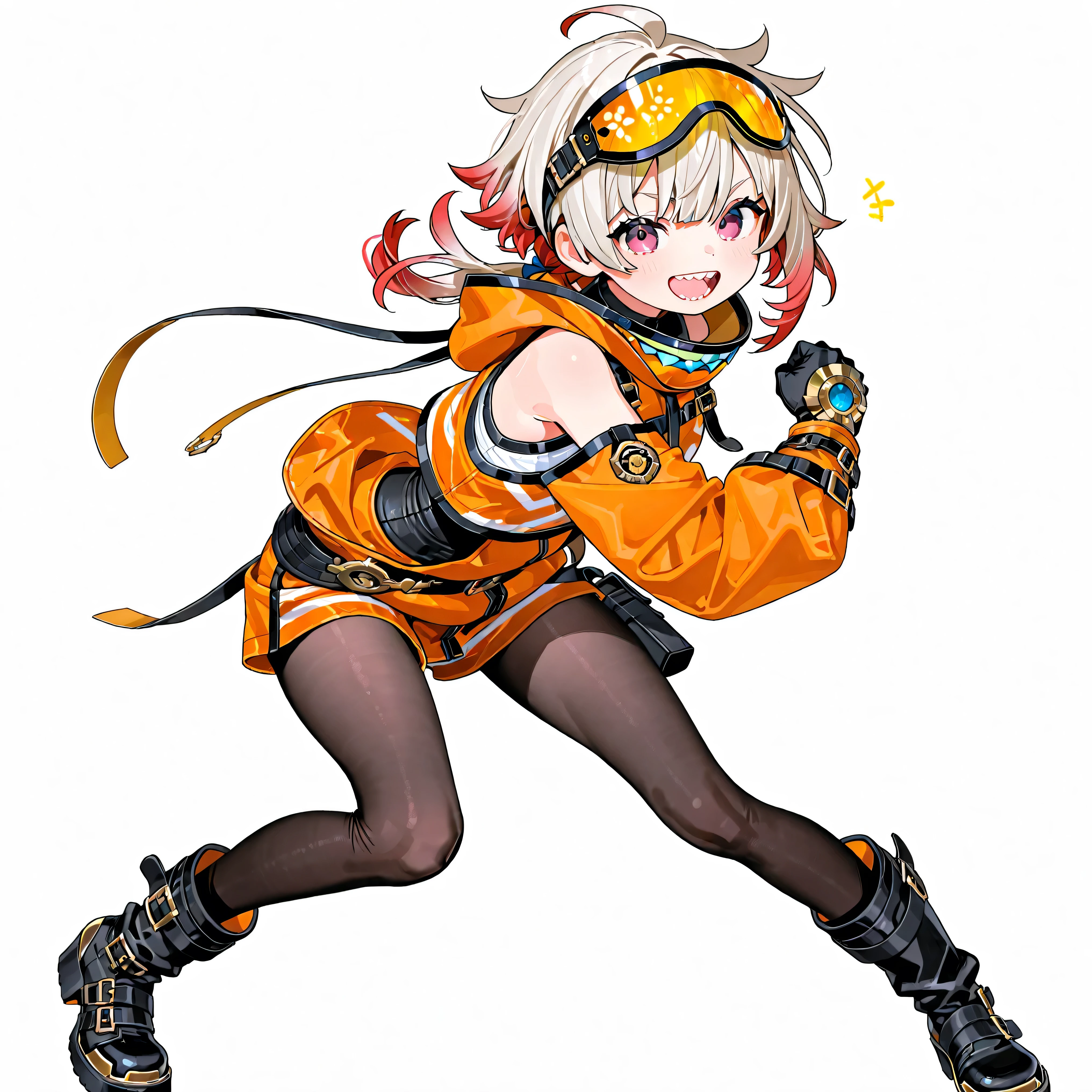 high resolution、High Quality、 gold、 female,  shortcuts,    low ponytail  、  stupid hair、Black Pantyhose  、double teeth、solo、thick soled boots、 asymmetric hair 、  goggles on head  、sun visor、  simple eyes  、white background、standing、Thief