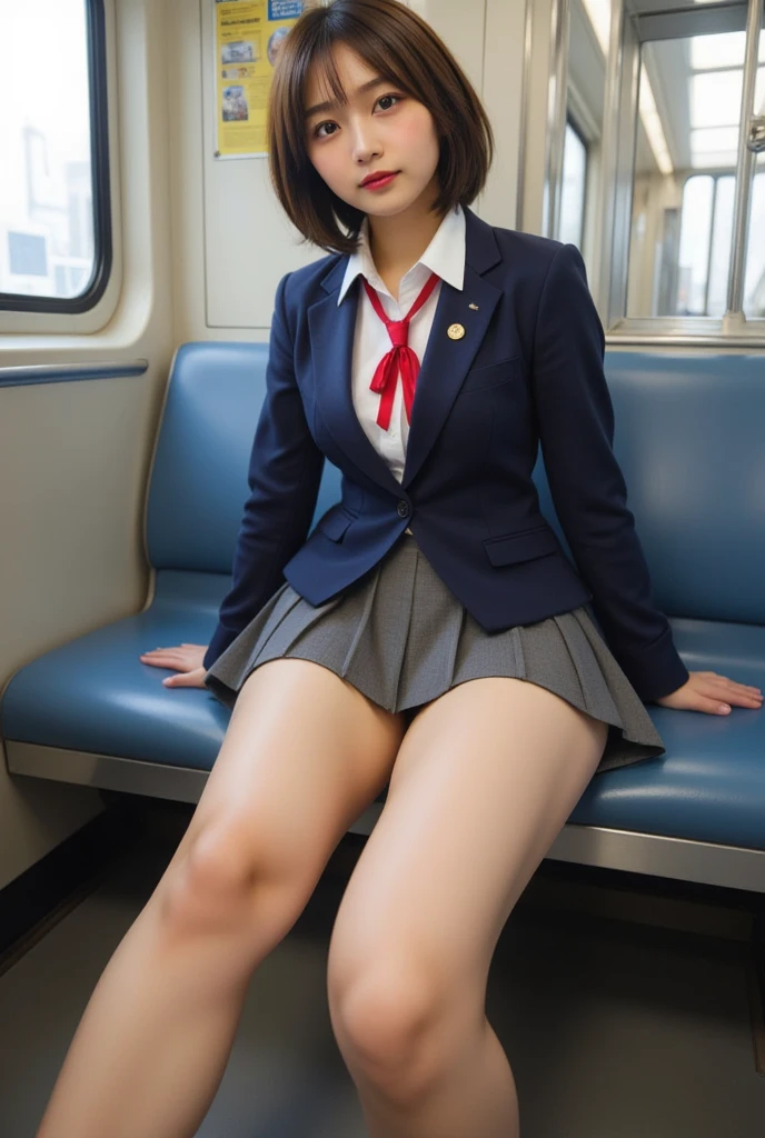 8k, school uniform, pose legs spread、short hair、train、sitting in the front seat、mini skirt、White underwear、Large Breasts、Clean thighs、Highest quality、Sportback、Eyes closed、Looking down