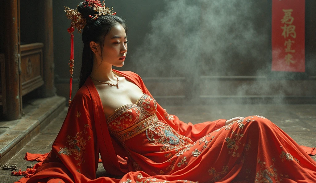 Empress of the Qing Dynasty, A nude woman wearing a red floral Hanfu jacket, Squat down with your legs wide apart, Front view, Inside the Qing Dynasty Palace