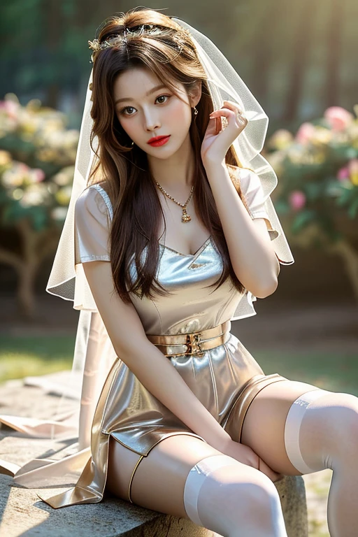 Realstic, 8k, 1girl very beautiful European beauty, longs cheveux blancs en queue de cheval, , heterochromic eyes, moles under the eyes, thick eyebrows, The caftan color yellow and red hyper realistic super detailed Moroccan covers all its body different poses of different design