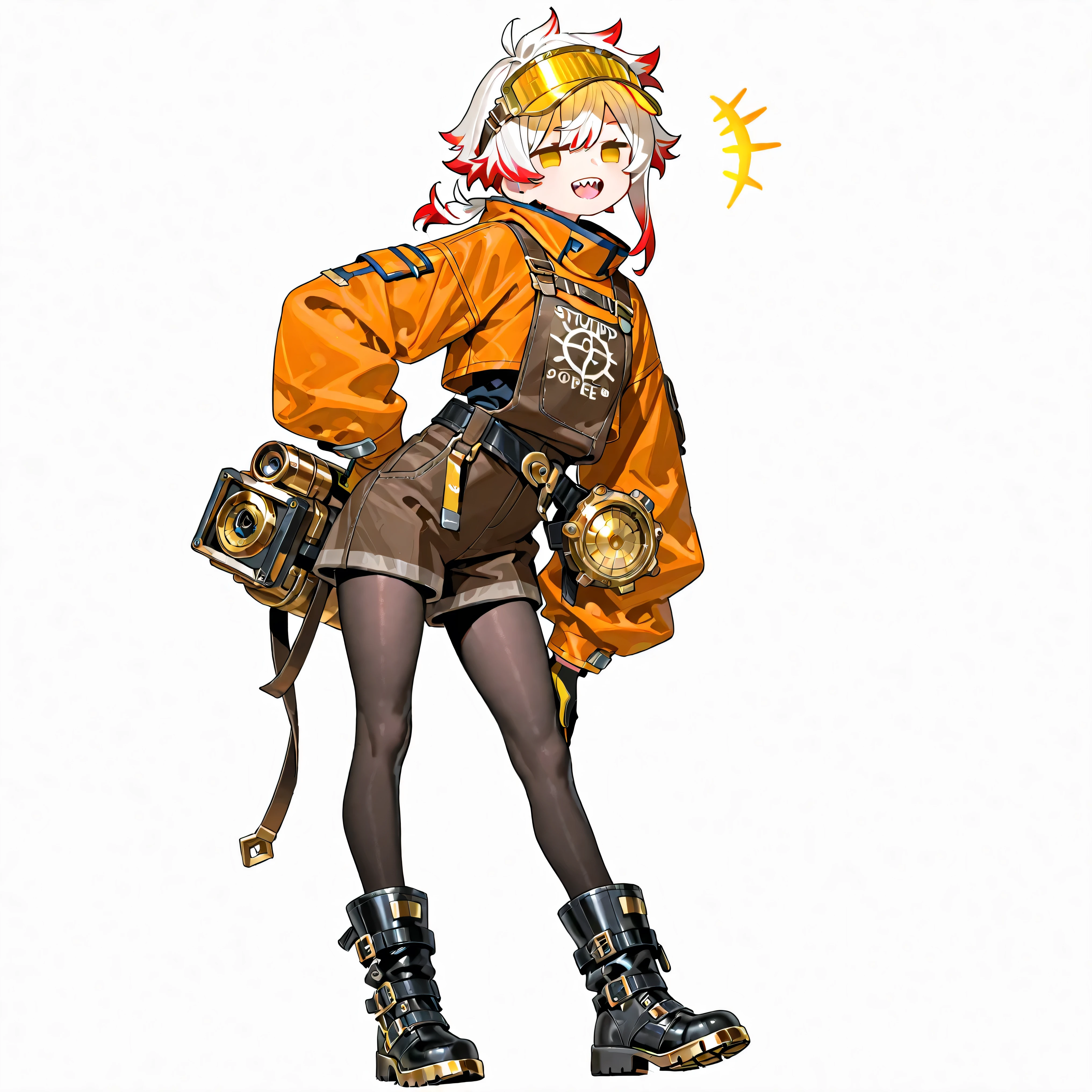 high resolution、High Quality、 gold、 female, shortcuts, low ponytail 、 stupid hair、Black Pantyhose 、mechanic fashion、double teeth、solo、thick soled boots、 asymmetric hair 、 goggles on head 、sun visor、 simple eyes 、white background、Thief、standing