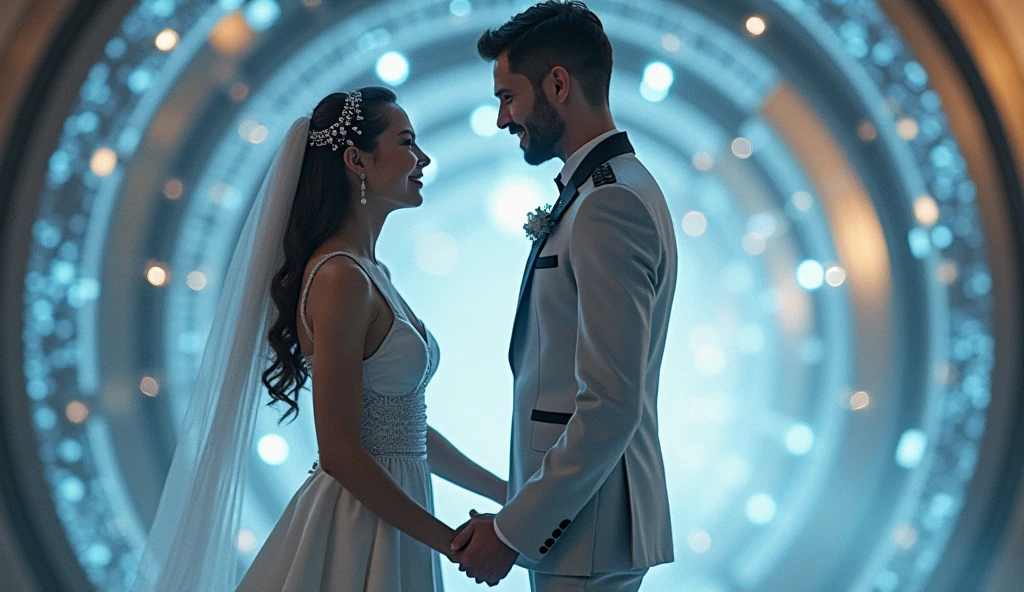 Modern Wedding in Outer Space: A stylish and nice couple exchanges vows against the backdrop of a vibrant pop art-inspired universe. Surrounded by twinkling stars and galaxies, they are dressed in sleek, white wedding attire that gleams under the crisp, realistic lighting. The groom dons a dapper tuxedo, while the bride's dress shimmers with every detail captured in stunning, high-definition 8K textures. The wedding venue, a technologically advanced space station, sets the stage for this otherworldly celebration. Soft pink and blue lights span the room, reflecting off the polished surfaces and creating a warm, inviting ambiance