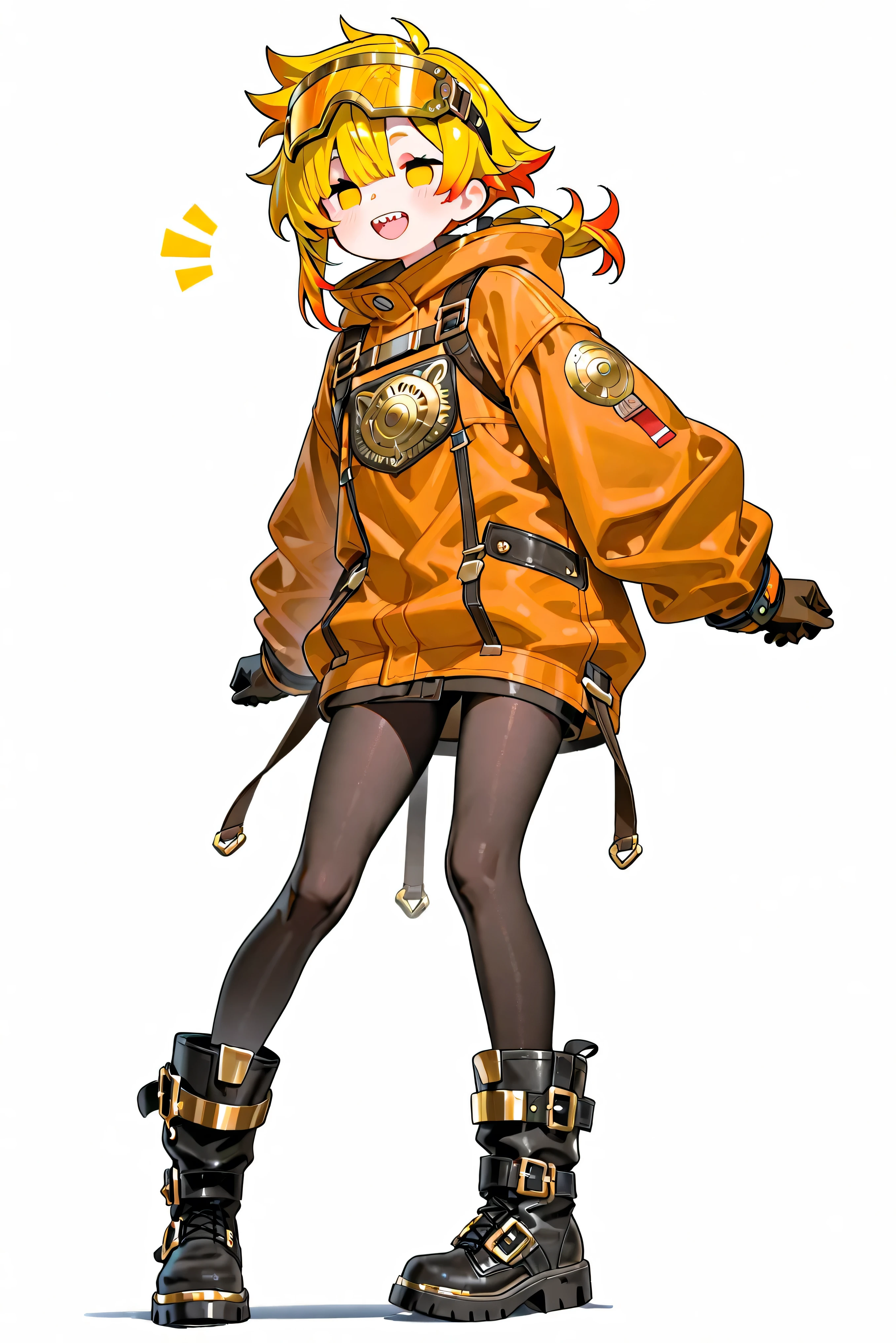 high resolution、High Quality、 gold、 female, shortcuts, low ponytail 、 stupid hair、Black Pantyhose 、mechanic fashion、double teeth、solo、thick soled boots、 asymmetric hair 、 goggles on head 、sun visor、 simple eyes 、white background、Thief、standing