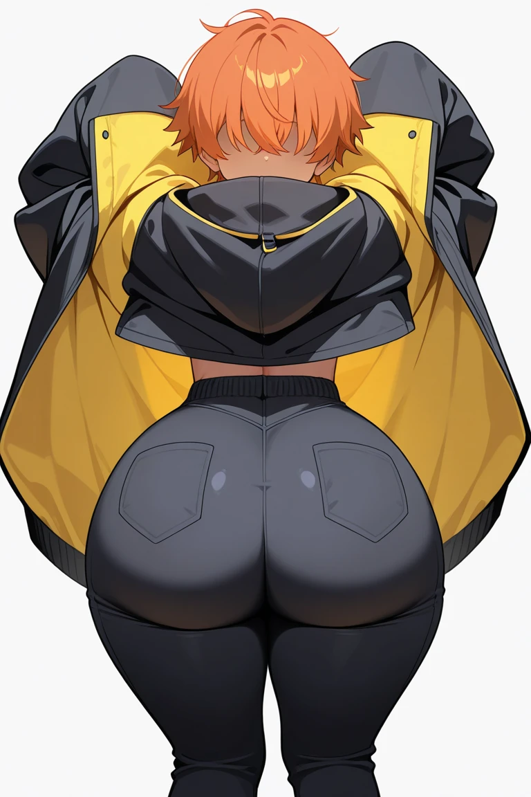 1girl, sexy, white skin, anime woman, happy, glowing green eyes, extremely short glowing orange hair, wearing a suit, big butt, full body