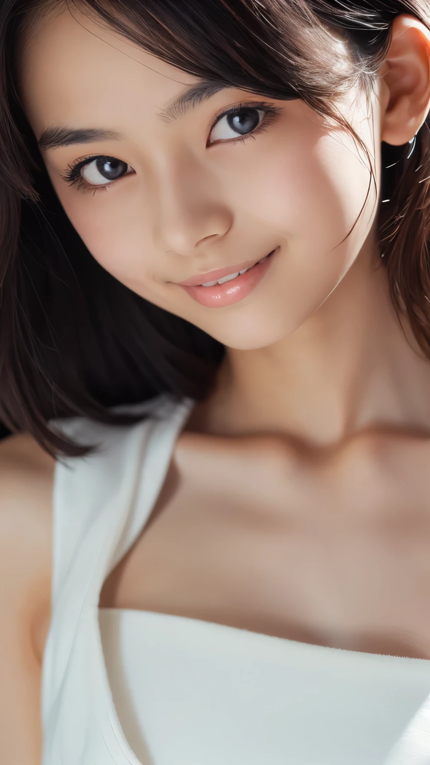 8K, RAW photo, best quality,masterpiece:1.2),(realistic, photo-realistic:1.4),(extremely detailed 8K wallpaper),One woman,Beautiful Face,Super detailed,(Tube top bra),(Dark Background),(looking at the camera),Dim lighting,Moody Lighting,Plumbed lips,(extreme_close_up:1.2),Beautiful face,Portraiture,Realistic Skin,Detailed skin,(Long Bangs),A big smile,Beautiful eyes,Beautiful nose,model,A beautiful woman,Eyes are hearts,Exquisite lighting,Dimples