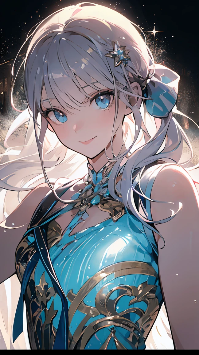masterpiece, best quality, 1 girl, gray hair, orange eyes, blue dress, smile, blue background, sparkles, upper body
