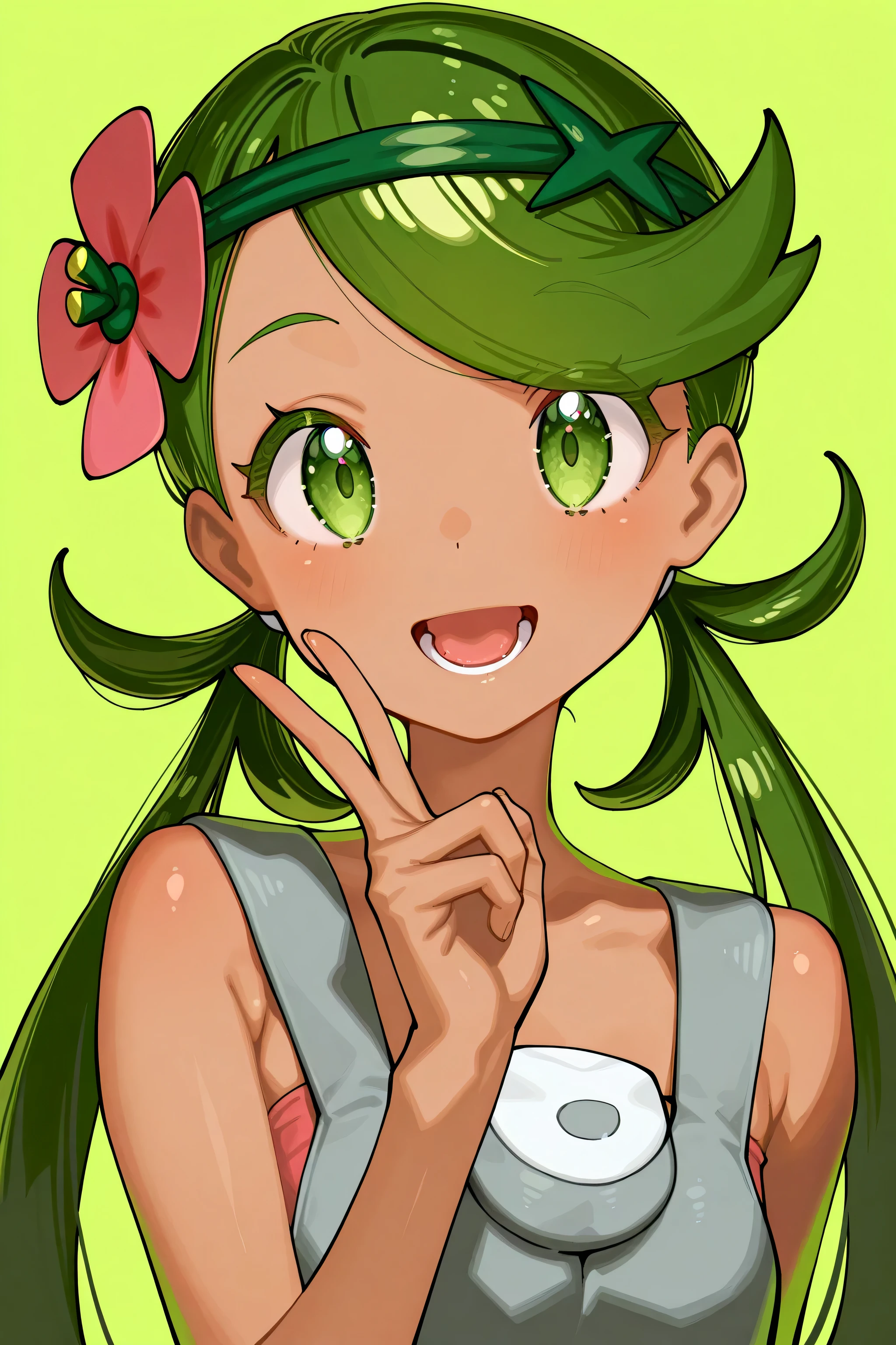 kmj-anonstyle, [artist:yoneyama mai], [artist:kanzarin], [artist: ekrea_jan], masterpiece,best quality,amazing quality, 748cmstyle, solo, eye focus, pokemon, pokemon sm, mallow (pokemon), zzMallow, green hair, green eyes, hair flower, hair ornament, 1girl, :d, flower, green hair, green hairband, grey overalls, hair flower, hair ornament, hairband, hand up, happy, long hair, lower teeth only, overalls, pink flower, smile, solo, swept bangs, teeth, twintails, upper body, v, green background