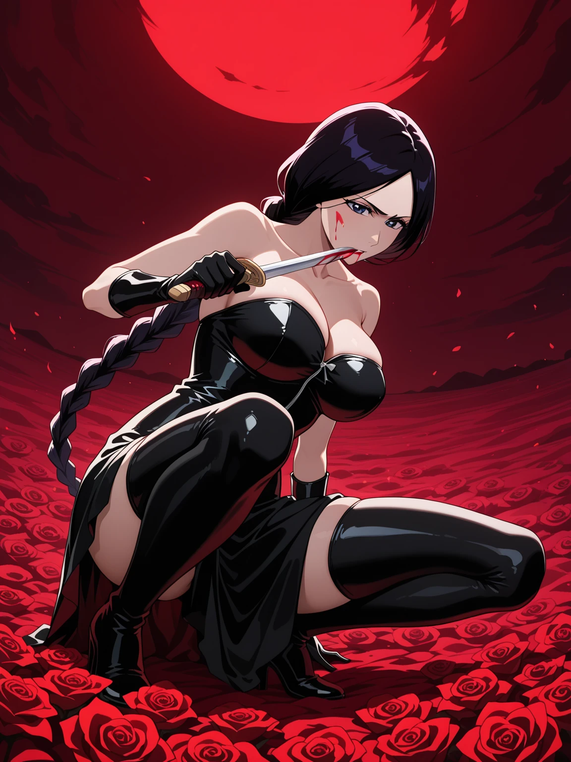simple background, monochrome, horror (theme) there is a broken picture, black paint splatted, red blood splatted, smoked, red blood (((anime girl character))), big boobies, wearing a mask, (((she is holding a bloody samurai sword))), messy bob hair style