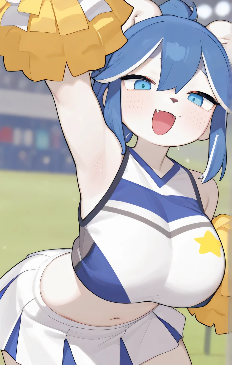 masterpiece,super fine illustration,best quality,high resolution,light particles, ultra-detailed,(bright colors:1.4),(nsfw:1.4),((cheerleader:1.4)),((girl wave 2 cheer pompons:1.3)),(cheering:1.3),(show off nipples:1.2),(elf:1.2),(silver long hair:1.4),twintails,shiny hair, shiny skin,(scrunchie:1.4),(light blue eyes, shiny eyes),( face and big boobs:1.4),(diminutive:1.3),(happy smile), blush cheeks, (under boob:1.3),crop top,(micro skirt, vagina),blush cheeks, arched back, (pov:1.5),(from below:1.5),(cum in pussy:1.4),BREAK,(vaginal penis:1.2),(a man), (sit astride on man), (lady on top), (cowgirl position:1.4), (rodeo:1.4), hetero, man in below, (intense Sex:1.4),BREAK,(smog, fog:1.2),(open mouth:1.2),(sweaty:1.2),outdoor, Athletics grounds, Sunlight