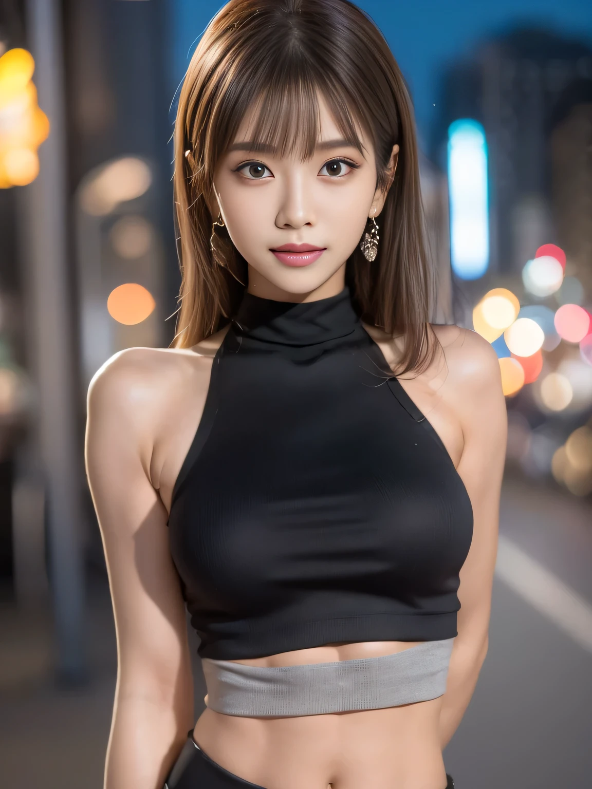 Generate a close-up image of a cute Japanese gal gazing at you with a seductive expression。She is wearing a sleeveless top and a tight mini skirt.、like々It emphasizes a stylish look.。Hair is a trendy color(For example, light brown or blonde)Dyed by、It has loose and playful waves.。The background is a vibrant urban setting featuring softly blurred colorful lights.、It highlights her features。The makeup is perfect and in line with the latest trends.、Particular emphasis is placed on the eyes and lips to bring out her charm.。Confident、She has a slightly mysterious look、It exudes charm and playfulness.。The sleeveless top and mini skirt fit her perfectly.、Showing off her curves and fashionable style、Make sure to keep the look modern and attractive。