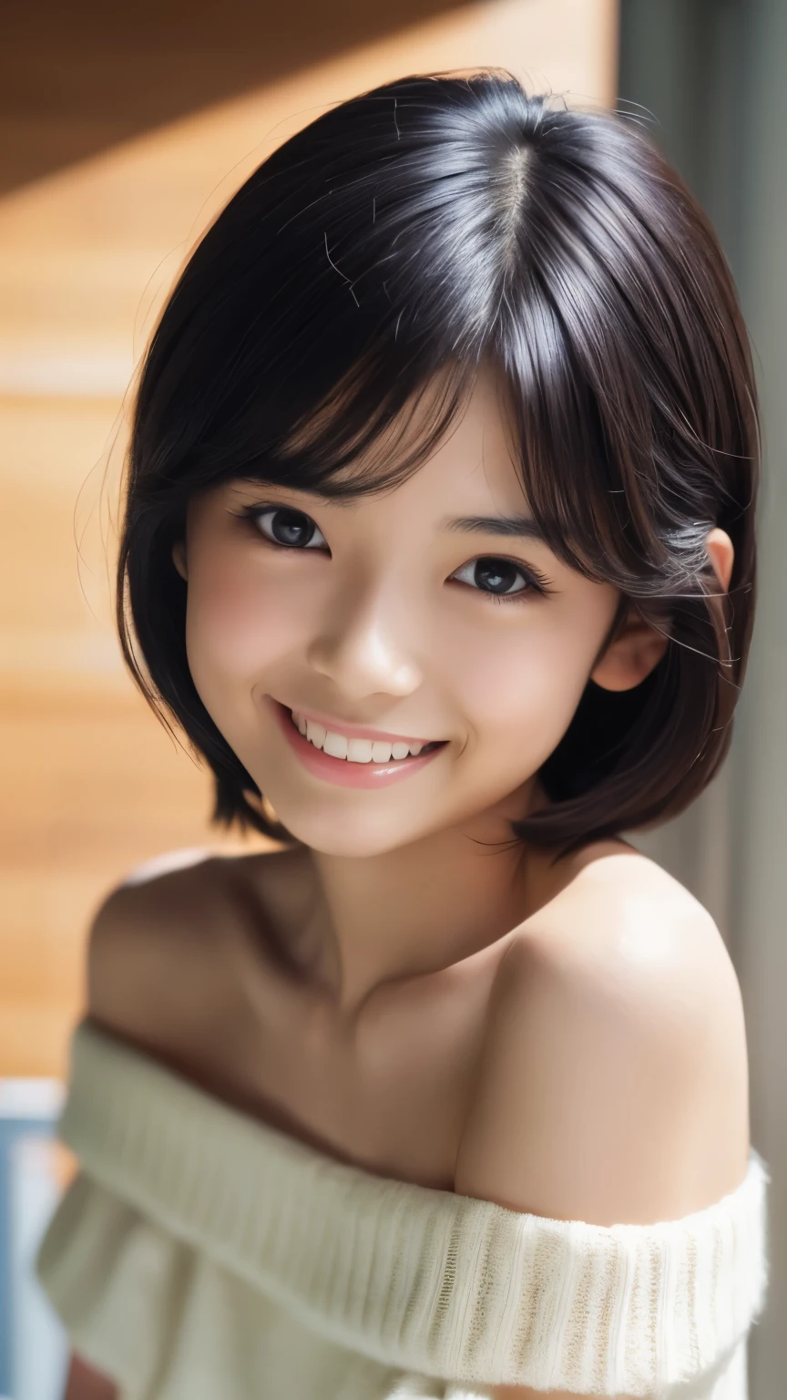 Best-Quality, Masterpiece, Ultra-High-Resolution, (Photorealistic:1.4), Raw-Photo, Hyper-Detailed,
1girl, Japanese famous idol, ((wearing only surprisingly seductive lingerie, portrait, (innocent smile))), (((very shiny lighting for face, extremely cute face like a the most popular Japanese idol, amazingly beautiful big black eyes, beautiful black short cut haired))), very beautiful white skins, very beautiful medium breasts, perfect short body, detailed face, detailed eyes, detailed hair, detailed white skins, detailed seductive lingerie, detailed breasts, detailed short body