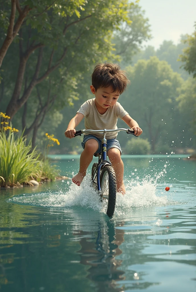 blonde human riding a bike and falling in a river