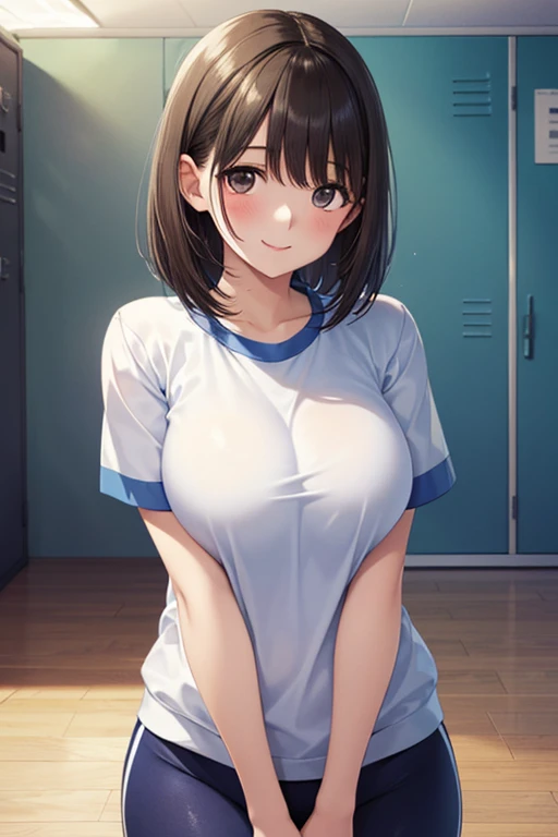 (Cowboy Shot、masterpiece、High resolution、High resolution、High resolution、1 female)、Very close、((Sweat makes clothes transparent、Glowing Skin、Very very large breasts))、((Black Hair、short hair))、A kind smile、Laughing with your mouth open、Pink Lip Gloss、((Lightweight sportswear、high leg undershirt))、Lie on a wooden floor