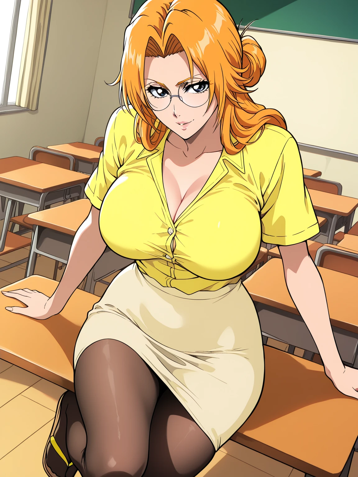 1girl, librarian clothes, sitting behind a desk, warm smile, glasses, long hair, mature woman, milf, big breasts, orange hair, long hair, cleavage, looking to the right, green eyes,
