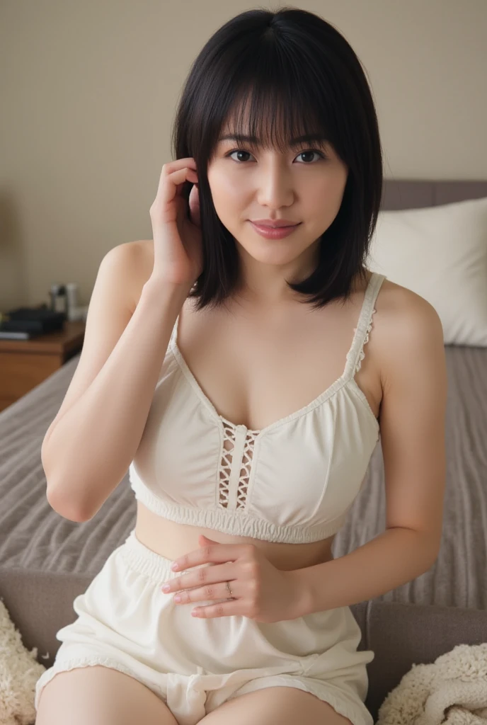 ((lying:1.5)), ((lying:1.5)), ((lying:1.5)), ((lying:1.5)), ((overhead shot:1.5)), ((overhead shot:1.5)), ((overhead shot:1.5)), ((Supine Position:1.5)), ((Photographed from directly above:1.5)), ((take a photo from directly above:1.5)), ((From above:1.5)), ((Photographed from directly above:1.5)), ((on bed:1.5)), ((on bed:1.5)), ((Hotel Bed:1.5)).
((one woman,1 female)), ((wearing a transparent white blouse:1.5)), ((mini skirt:1.5)).
((beautiful straight black long hair:1.5)), (bangs:1.7), (small natural breasts:1,7), ((flat chest:1.8)).
((looking at viewer:1.5)), ((look into the viewer's eyes:1.5)), ((Looking into the camera:1.5)), ((Viewer's line of sight:1.5)), Elderly face, ((despairing:1.5)), strong maternal qualities, Staring at this, Face is close, Staring at this, Ultra-fine, Beautiful Hair, Transparent Photo, Have a look at this, Perfect Fingers, Perfect Face, Detailed Background, Fair skin, Translucent white skin, Perfect Fingers, Detailed Background, Highest quality, very High resolution, Perfect Anatomy, High resolution, RAW color photos, Professional photography, Very delicate, Very detailed, Finely detailed, Large file size, Best image quality, 16K, Award-winning works, Tabletop, Professional Photography,