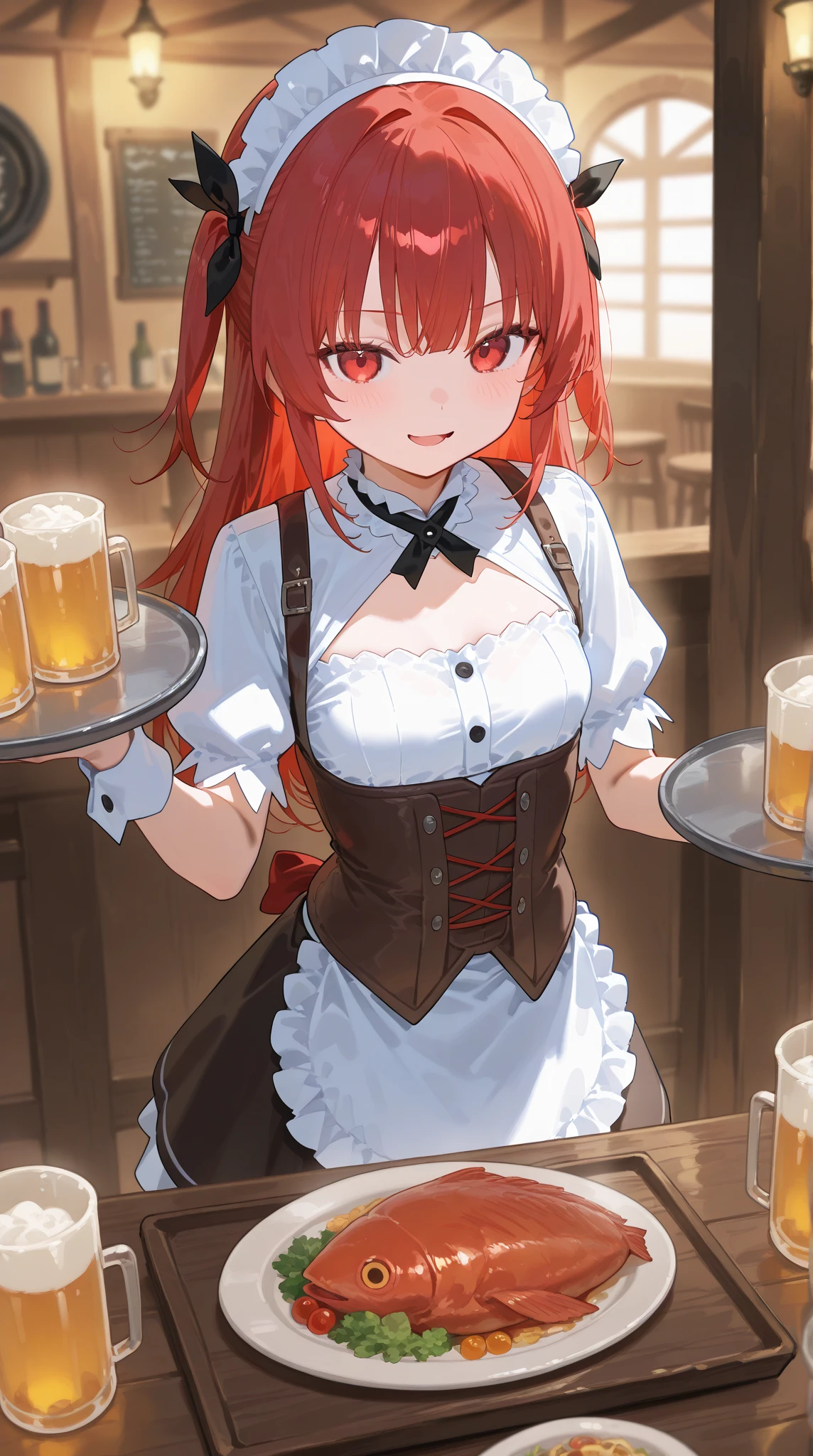 (masterpiece, sidelighting, finely detailed beautiful eyes: 1.2), kasane teto,((short_hair:drill_hair)), red hair, happy, shirt, cleavage, skirt, apron, standing, holding tray_with_beers, inside pub