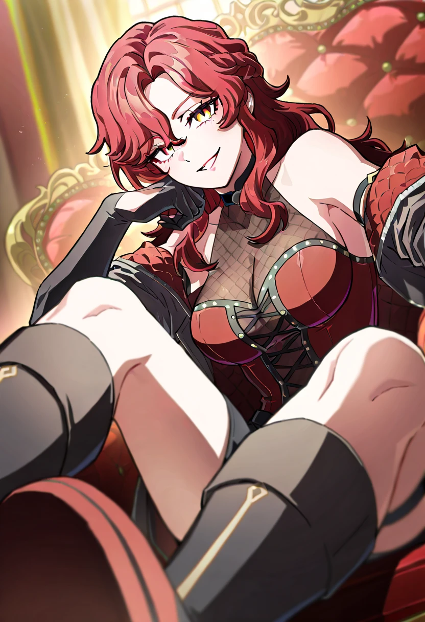 Anime girl with sword and red and green background, an oppai cyberpunk, Biomechanical OPPAI, style of anime4 K, seductive anime girls, Best anime 4k konachan wallpaper, thicc, style of masamune shirow, Inspired by Masamune Shirow, cyberpunk anime girl mech, perfect anime cyborg woman, Badass anime 8 K，Anime - a stylistic image of a woman，Wear a black bandeau，Black skirt and red apron, Katana Zero video game character, Anime Gothic Girl, Vampires, Main character, black and reddish color armor, dressed in crustpunk clothing, Female protagonist，Yellow glowing eyes，black sash，Black gloves，Black and red scarf，8K，musculature，Hair tied up，robotic hand，Mermaid line，musculature，Hold on to the wall，Ambiguous eyes，shadowing，High-fork panties，Be red in the face，huge tit，over knee socks，Excitation，open open mouth，Stick out her tongue， Overflow of，dropping saliva，White popsicles，Melted popsicles，Hair tied up，Long tongue，Single horsetail，The melted popsicle falls on the chest，love heart，Place your hands on your chest，Plenty of liquid，White liquid，red tinted hair，Suck on popsicles