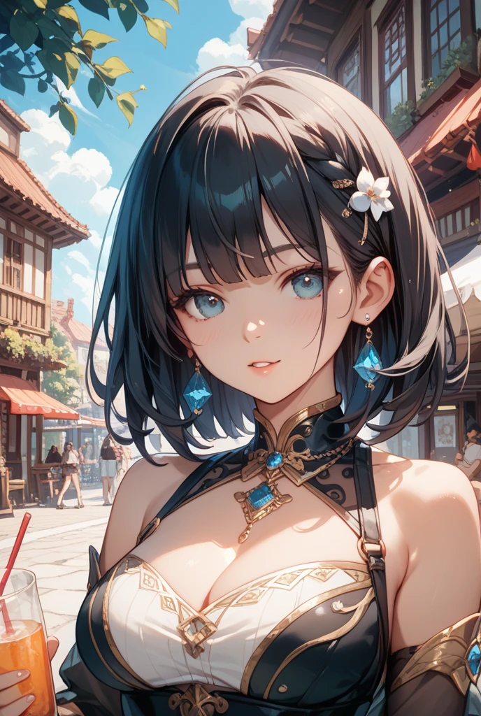 absurdres, RAW photo, extremely delicate and beautiful, masterpiece, Best Quality, ultra high resolution, 32k, hyperrealistic, ultra-detailed, perfect figure, Perfect Style, Perfect balance, in her 20s, very small head, very small face, delicate facial features, tearful mole, earring, very huge round breasts, whole body shot, short medium hair, wavy hair, outdoor, (outdoor:1.2), jiangshi, chinese clothes,