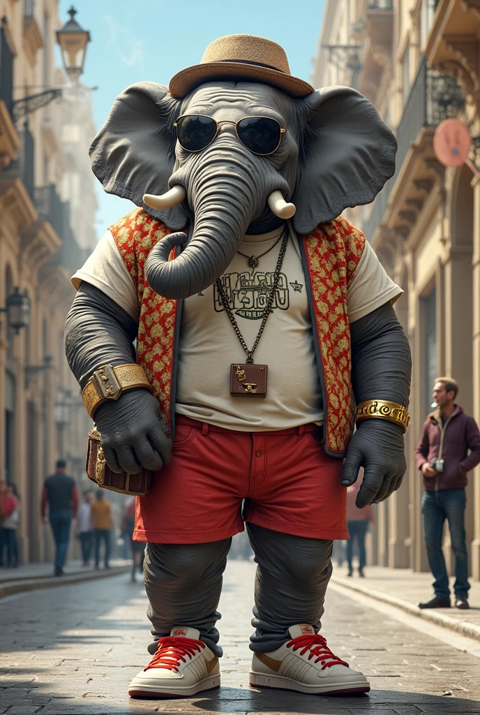 A white, muscular elephant, sitting on a luxury boat, showing off his body and arms and red pants. The figure is adorned with several gold chains and Gucci belts. Nearby is a small, muscular gray elephant with a chain. The background is a calm blue sea and distant mountains under a clear sky. The rails of the boat are designed with gold chains, adding to the chic atmosphere.