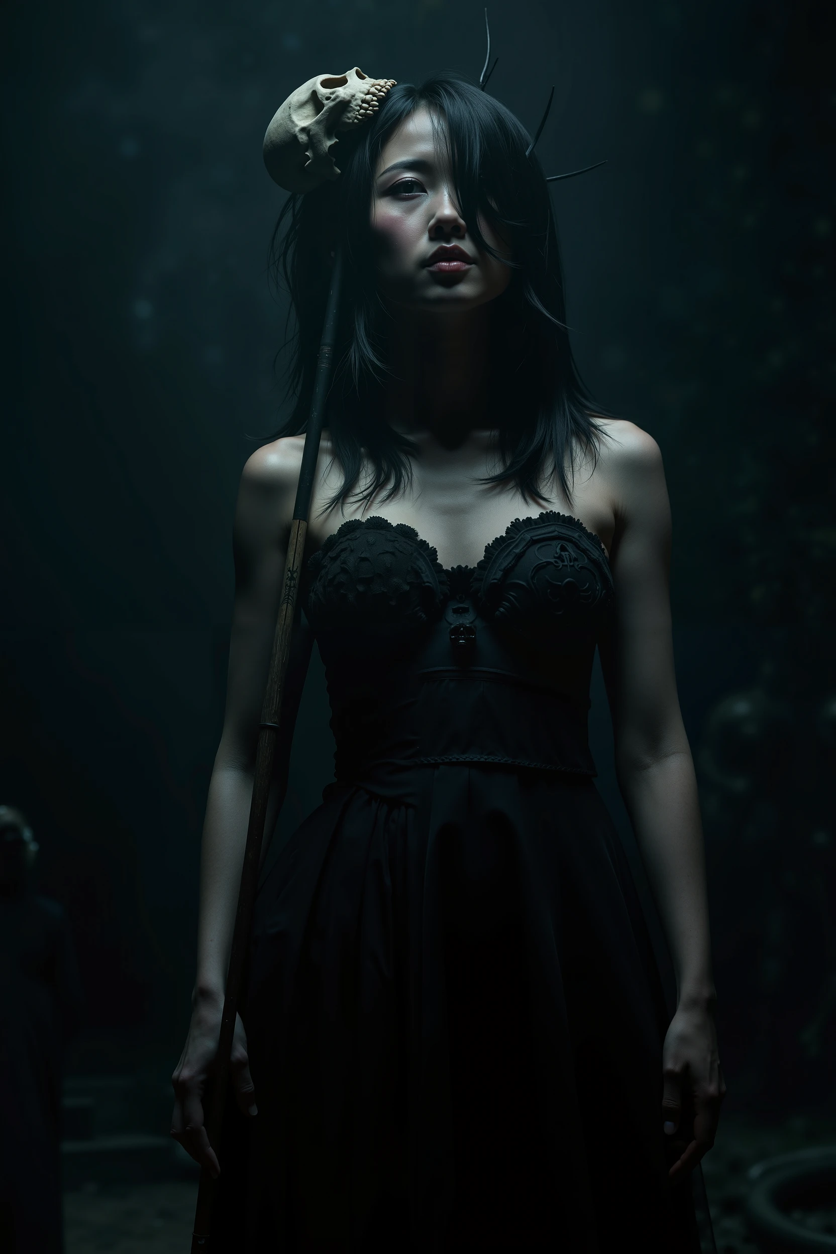 A creepy oriental girl unfolds in utter darkness,No light at all ,Wearing a black fairy dress with a broken fortune,with a skull rod in her hand,Head with a skull fork,Sexy and Charming,big bust,Ghost castle background,Ghost monsters wandering,Ultra High Definition