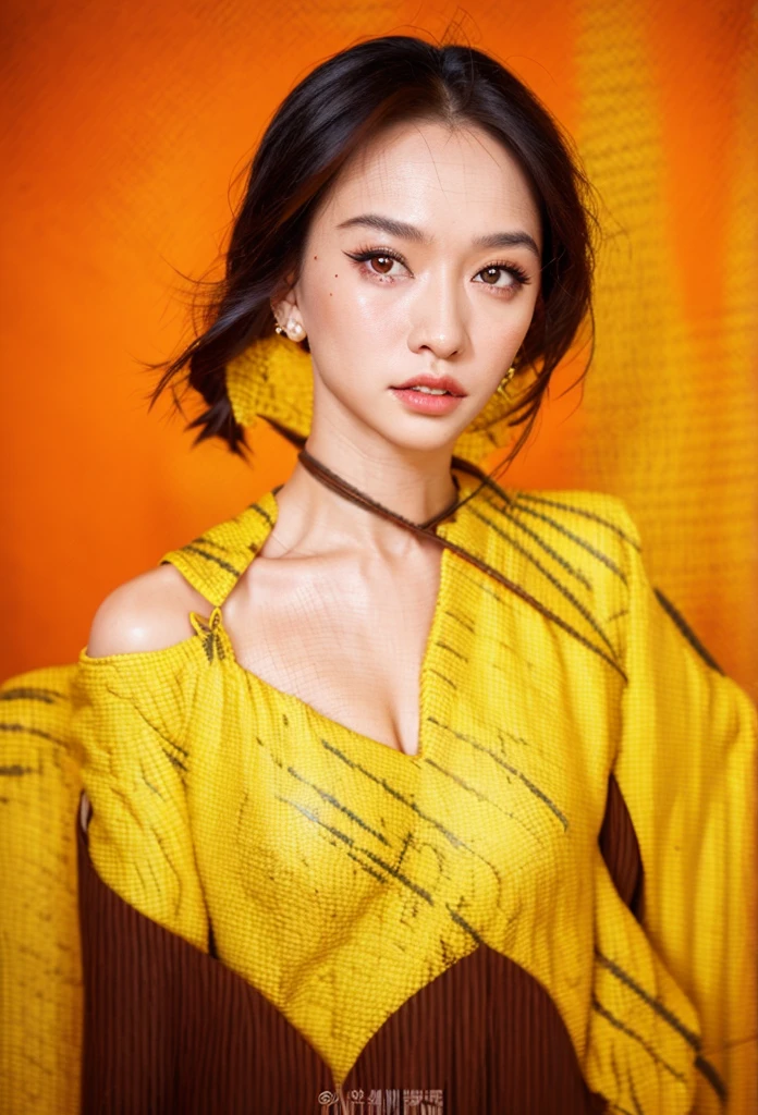 Produce high-quality images of women with vibrant colors and unique compositions. She is dressed in a sophisticated fashion style, and the background is a landscape with abstract and fantastic elements. Her poses are fluid and give a feel of natural movement. The effects of light and shadow are attractively expressed, and the faces and expressions that are carefully depicted in detail are rich in emotion. The overall atmosphere is contemporary, yet has its own artistic touch. This image will evoke visual stimulation and aesthetics, and will intrigue and surprise the viewer.