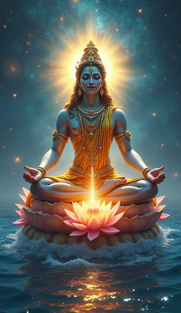 center focus: Shree Hari: Place Shree Hari prominently in the center of the thumbnail, portrayed in a majestic and inspiring posture. Your figure must be radiant, with a powerful golden glow that attracts immediate attention. Your serene smile must exude warmth and divinity, making it the focal point of the image. divine aura: Surround Shree Hari with a vibrant, pulsating aura that radiates outwards, creating a halo of intense light. The aura must be dynamic, with swirling particles of light and subtle, golden energy waves that convey your divine power and presence. Background: The background should be a striking mix of deep blues and purples., representing cosmic expansion. Incorporate vivid, swirling nebulae and distant stars to add depth and drama. Highlight celestial elements like glowing orbs and soft, ethereal patterns that suggest a divine, supernatural realm. Integrate sacred symbols, like the Om symbol or glowing mandalas, subtly glowing and swirling in the background, highlighting the spiritual theme and adding visual intrigue. Divine Elements: Place radiant and blooming lotuses around Shree Hari, with some hovering in the air, emanating soft light. Lotuses should be in vibrant colors — pink, purple and gold — adding contrast and visual appeal. Make the lotuses emit rays of light that interact with Shree Hari's aura, creating a sense of divine connection and harmony. Add dynamic light rays or beams erupting from the Shree Hari form crossing the diagonal thumbnail