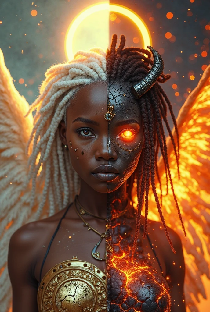 Black woman with white hair and intricate red line drawing pattern on face dancing