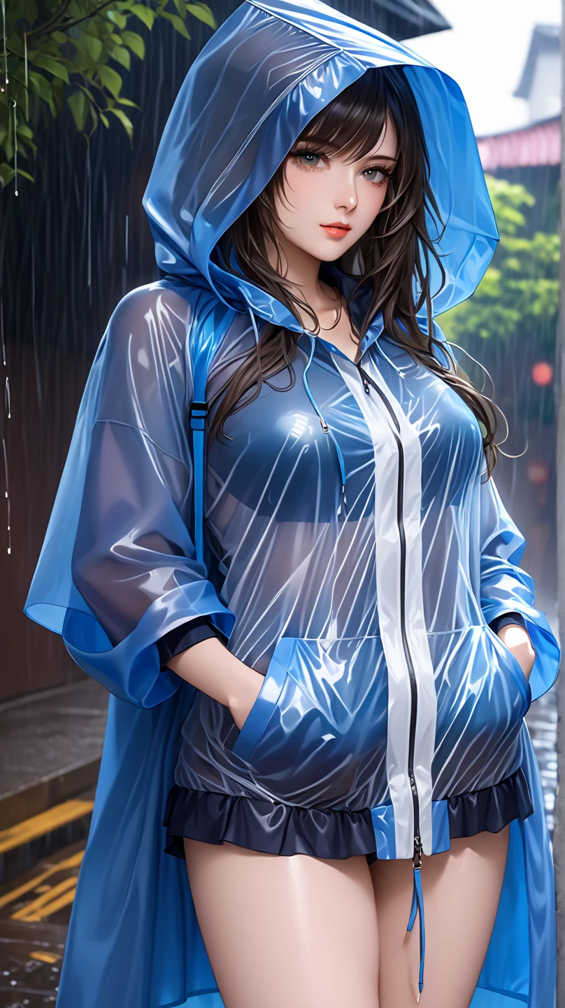 ((Idol level girl)), masterpiece, Best image quality, Super detailed, (Perfect body:1.3), (Perfect Face+Glasses+Messy Hair+Purple and grey long hair), short bangs, Blunt Bangs, Detailed Hair,Bright smile、Delicate blue eyes, (Vivid eyes),Professional Lighting,Large Breasts, (((a girl dancing in the rain with raincoat))), 8K, of the highest quality, dancing, masterpiece:1.2), (smile:1.3), (joyful expression:1.1), (short pants:1.3), (Realistic, Photorealsitic:1.37), the highest quality, masterpiece, (wet street:0.4), wet, rain, ((ponytail)), Beautiful young woman, Pensive expression, charming, an inviting look, dynamic posing, Cinematic background, Light skin tone,