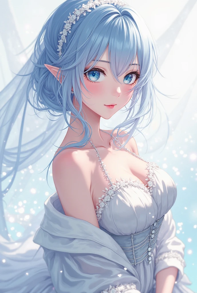 (best quality,4k,8k,highres,masterpiece:1.2),ultra-detailed,(realistic,photorealistic,photo-realistic:1.37),anime,portrait,blue eyes,white hair,shorthair,beautiful young woman,ice princess,ethereal,elven-like features,graceful,fantasy setting,magical atmosphere,soft lighting,aesthetic background,delicate details,flowing robe,subtle ice crystals,icy breath,sparkling snowflakes,dreamy ambiance,vibrant colors,sublime expression,serene and captivating gaze,tranquility,pensive mood, yet serene,enchanted portrait,mysterious aura,sublime beauty,mesmerizing presence,wistful fantasy world, full body,