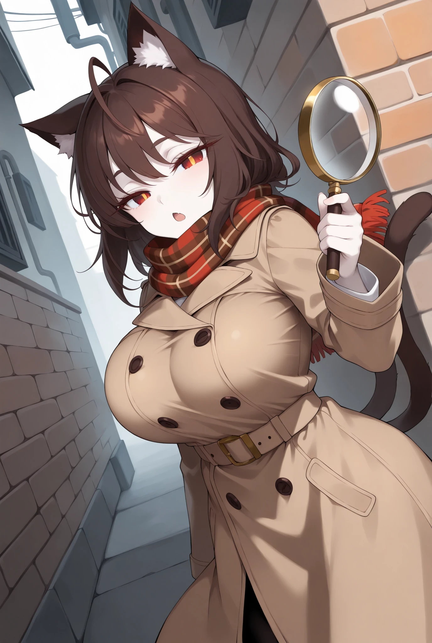 (urban background, brick wall, fog, alley), pale skin, dutch angle, (solo, 1girl, nekomata, red eyes, dark brown hair, medium hair, cat ears, white fur inside cat ears), large breast, (detective coat, plaid scarf, trench coat, long coat), holding magnifying glass, pointing finger, looking at clue, standing, ((two cat tails)), serious face, focused eyes, big eyes, half closed eyes, cat eyes, eyelashes, lower eyelashes, (((gold pupils))), blash, open mouth