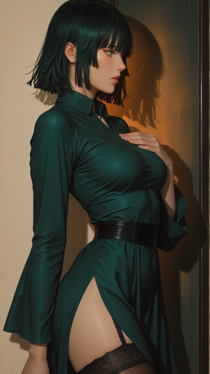 masterpiece, (photorealistic:1.4), best quality, beautiful lighting ,TatsumakiOPM, solo, dress, black_dress, looking_at_viewer, long_sleeves, simple_background, side_slit, white_background, collarbone, crossed_arms, flipped_hair, index_finger_raised, RAW photo, 8k uhd, film grain, <lora:TatsumakiOPM:1.4>