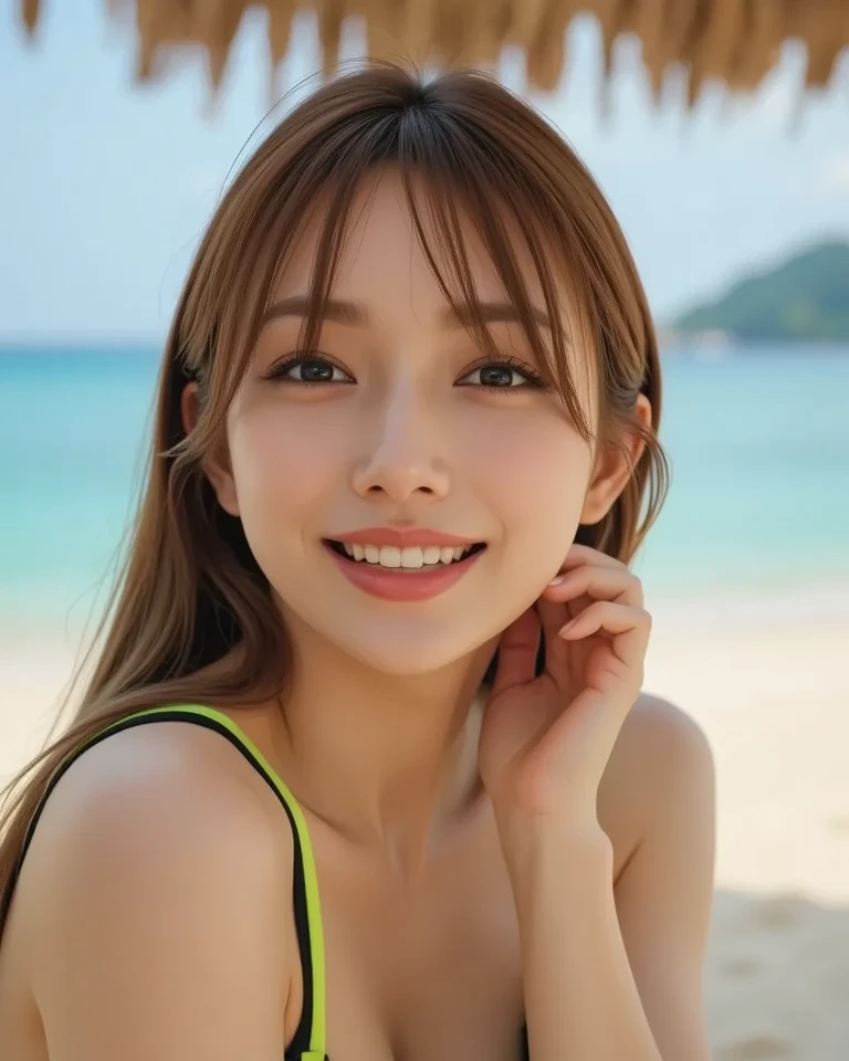 ((Beautiful Japanese Women)),Small breasts,, (8k, RAW Photos, highest quality, masterpiece:1.2),(Realistic, photo-Realistic:1.37),Very delicate and beautiful,8k,In detail,Beautiful details,highest quality,Ultra-high resolution,((Very detailed)),(photo-Realistic:1.37),(((Blonde Short Hair)))、((Mole on the corner of the eye))、(Thin eyebrows)、((double eyelid))、((Tear bags))、Fine skin、Beautiful neckline、Sexy Bikini、necklace、smile、Beach、((Golden ratio of the face))、Slim body、(Beautiful curves)、Sitting、(Clear face)、Beautiful nape