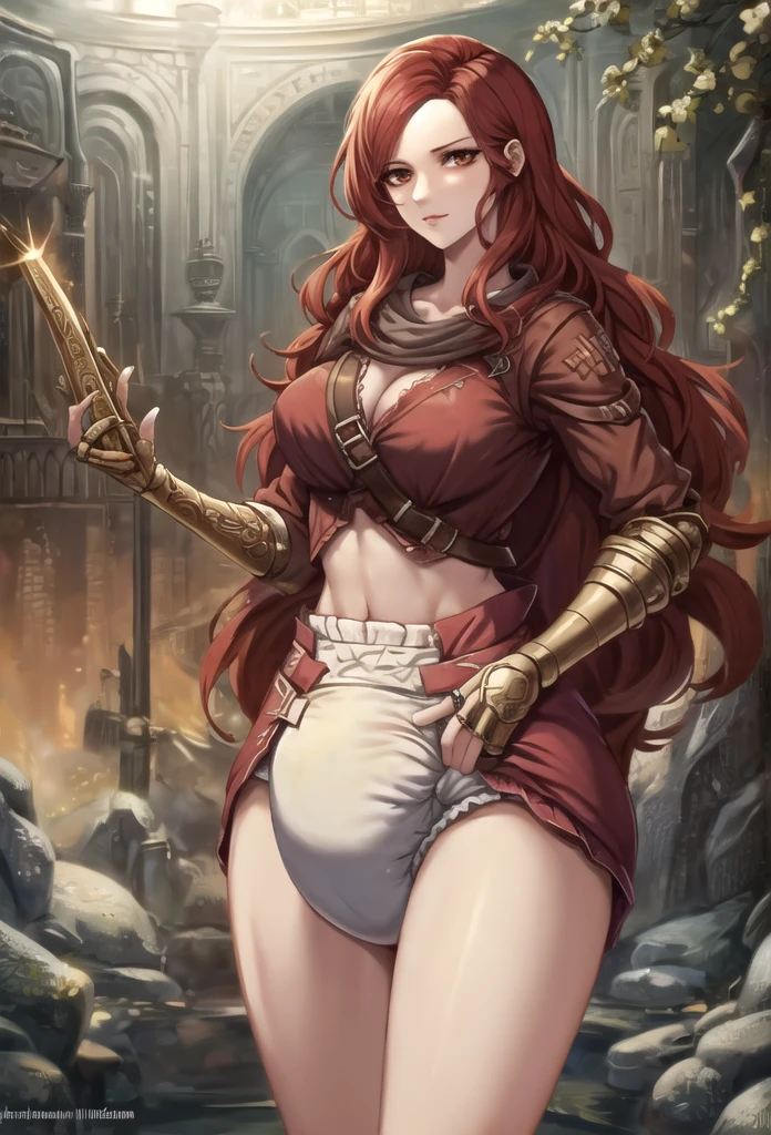 1 magical warrior girl, with red costume with black parts, red eyes, rainbow hair, huge breasts, holding a fire elemental sword, in a dungeon in zelda breath of the wild, looking at the viewer, evil smile, anime, high detail, Realism, Hyperrealism, wide shot, 16k, UHD, masterpiece, high details, best quality, award winning, highres