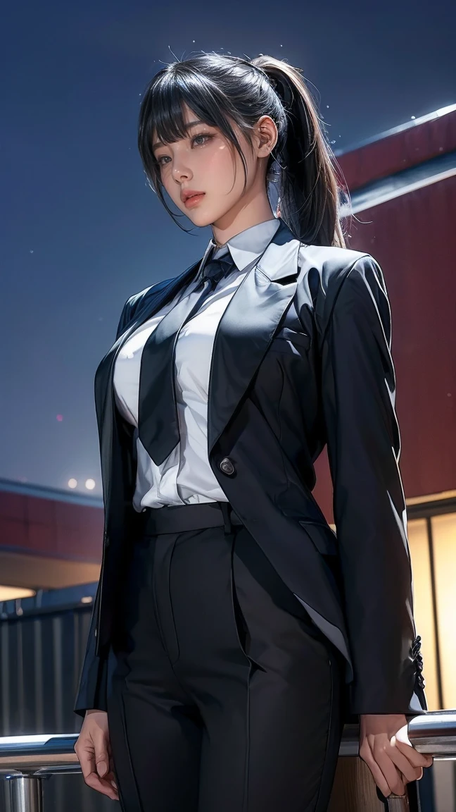 night time, Woman in professional crop top suit, trousers, Show belly, Realistic navel shape, necktie, black sun glasses, secret organization, holding pistol