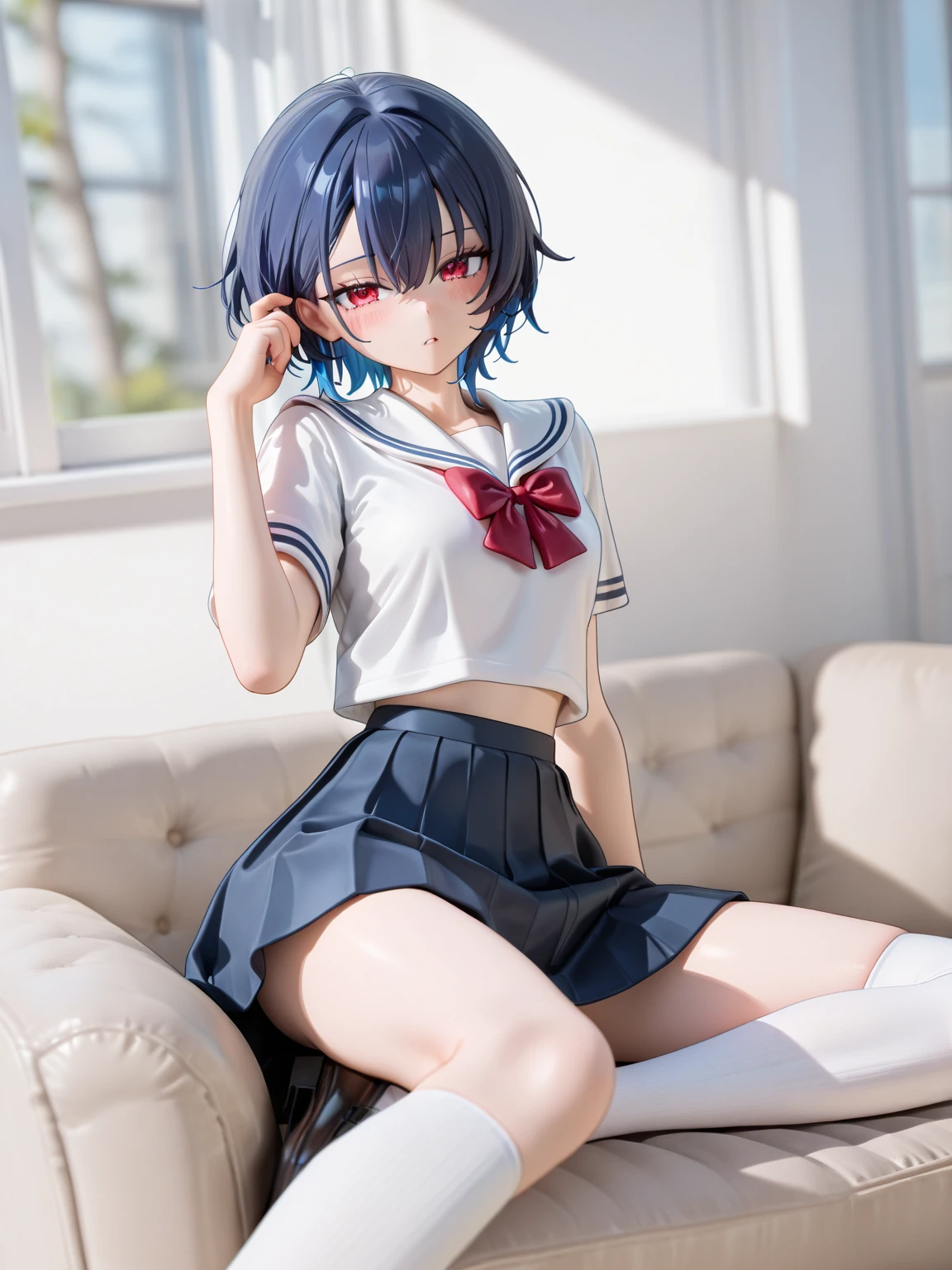 1girl, 18 years old, wearing schooluniform, sittiing on chair, simple background, pvc_style, canon photography, (crystal clear), blue hair, smile,