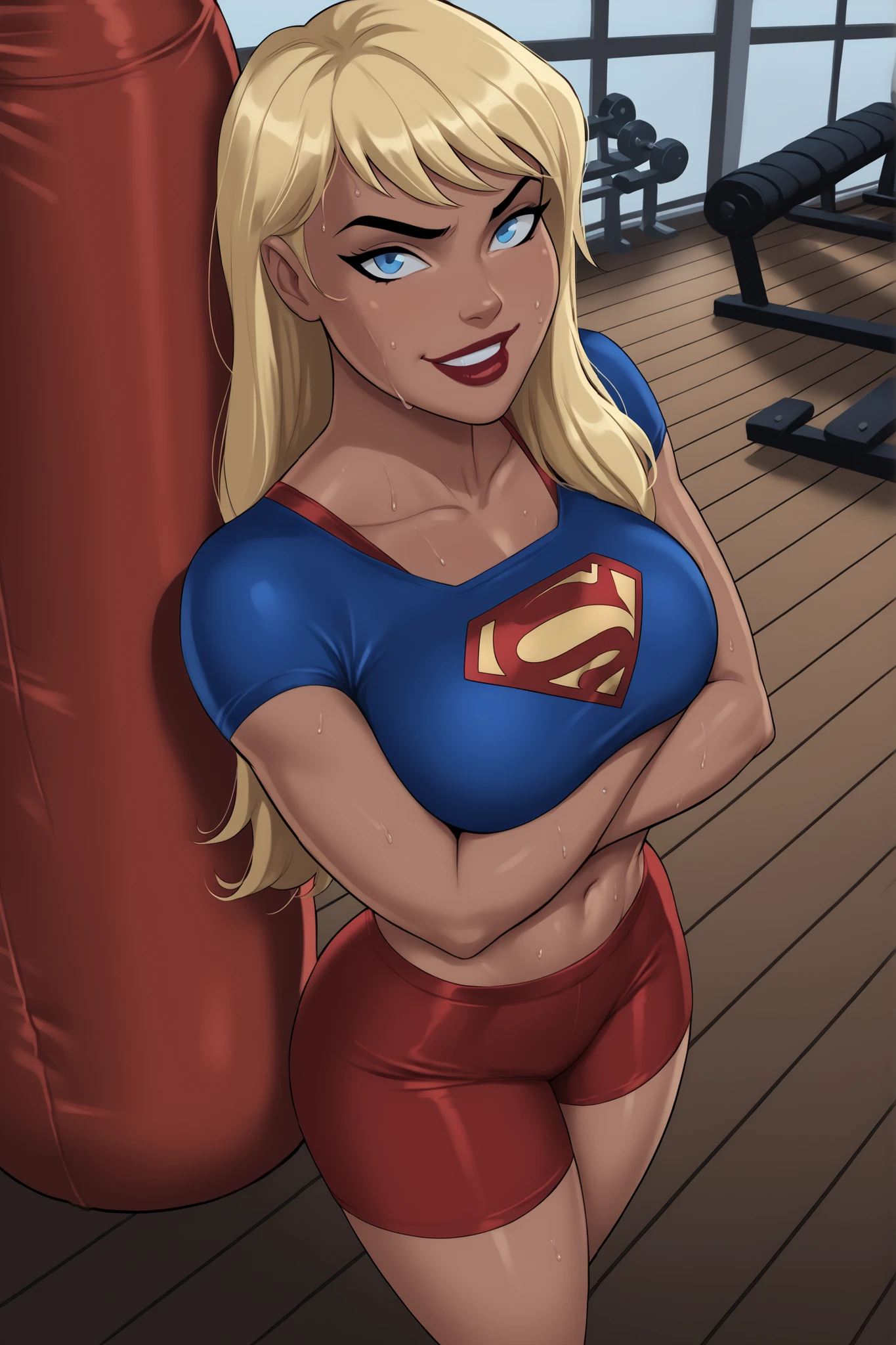 PonyXLV6_Scores BREAK ((parody), perfect anatomy, perfect eyes, cowboy shot) BREAK kara zor-el, long hair, blonde hair, blue eyes, dark-skinned female, lipstick, red lips, ((looking at viewer)), superhero, blue racerback sports bra, red spandex shorts, large breasts, curvy, athletic, standing, indoors, smiling, gym, punching bag, happy expression, crossed arms, arms crossed, high-angle view, sweaty, sweat drops