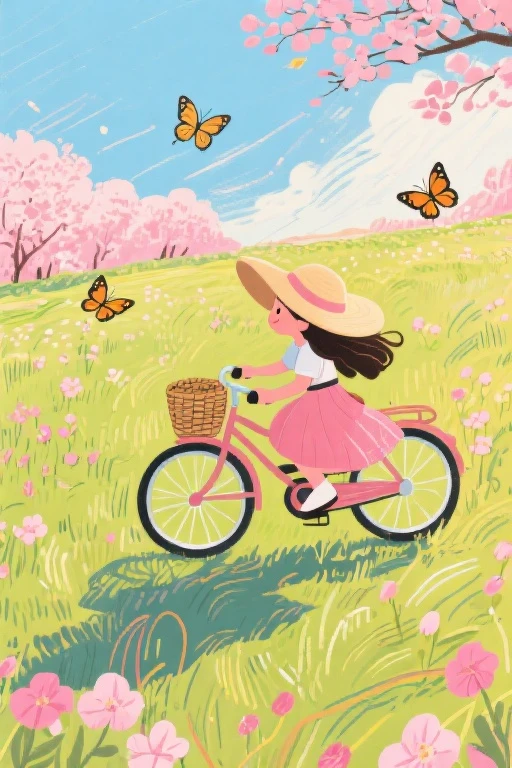 One Little Girl riding a bicycle across a field. A warm sunny day. Butterflies fly. A squirrel sits on a tree. A hare is hiding in the bush.