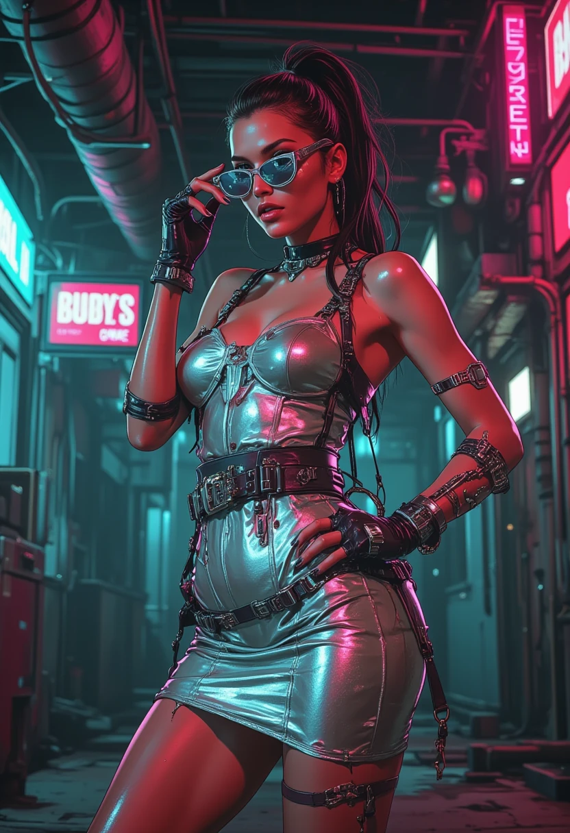 cyberpunk black woman with large breasts wearing baggy camo pants, combat boots and a black spandex top that is skin tight. She is wearing futuristic sunglasses and has black lipstick and eye shadow. Standings outside a shop selling computers with neon signs