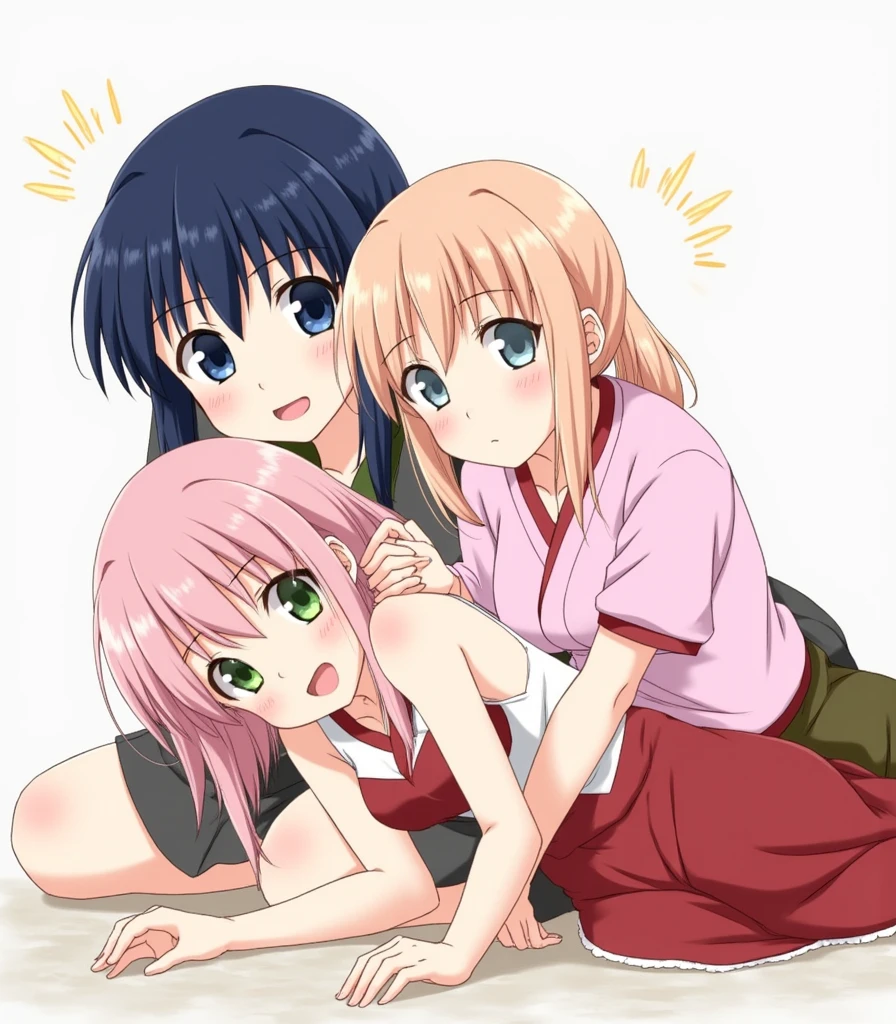 (3girls:1.2),akashi kaoru,nogami aoi,sannomiya shiho 8k, masterpiece, absurdres, anime,(completely nude:1.2),flat chest,pussy,niplles,spread pussy,shy,blush nose,on bed,lie,