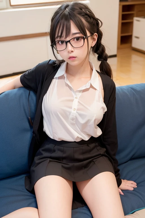 (((masterpiece,Highest Resolution,4K High Resolution,Crisp image quality:)Pussy juice((Beautiful black hair braids,Glasses,)(Beautiful big ,Beautiful nipples,Teaching books,Blushing and embarrassed,Spread your legs wide in an M shape,)(lipstick),Pubic hair,Tight Skirt,Fishnet tights,sweater,,((Pussy plastic speculum expanded