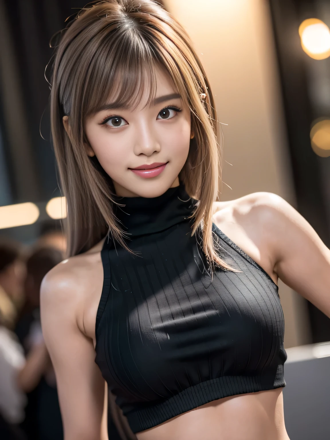 masterpiece, 1 beautiful girl in a nightclub, Detailed eyes, Puffy eyes, Neon Light, Highest quality, High resolution, (Reality: 1.4), Cinema Lighting, Asian, Asian beauty, Super Beauty, Beautiful Skin, Slender, Body facing forward, (Surreal), (High resolution), (8K), (Very detailed), (beautifully Detailed eyess), (Super detailed), (Natural smile), Detailed face, Bright lighting, Professional Lighting, View your viewers, Look straight ahead, (The costume is a knit dress), ponytail, My hair is messy, Asymmetrical Hair, Blonde, 20-year-old, expensive