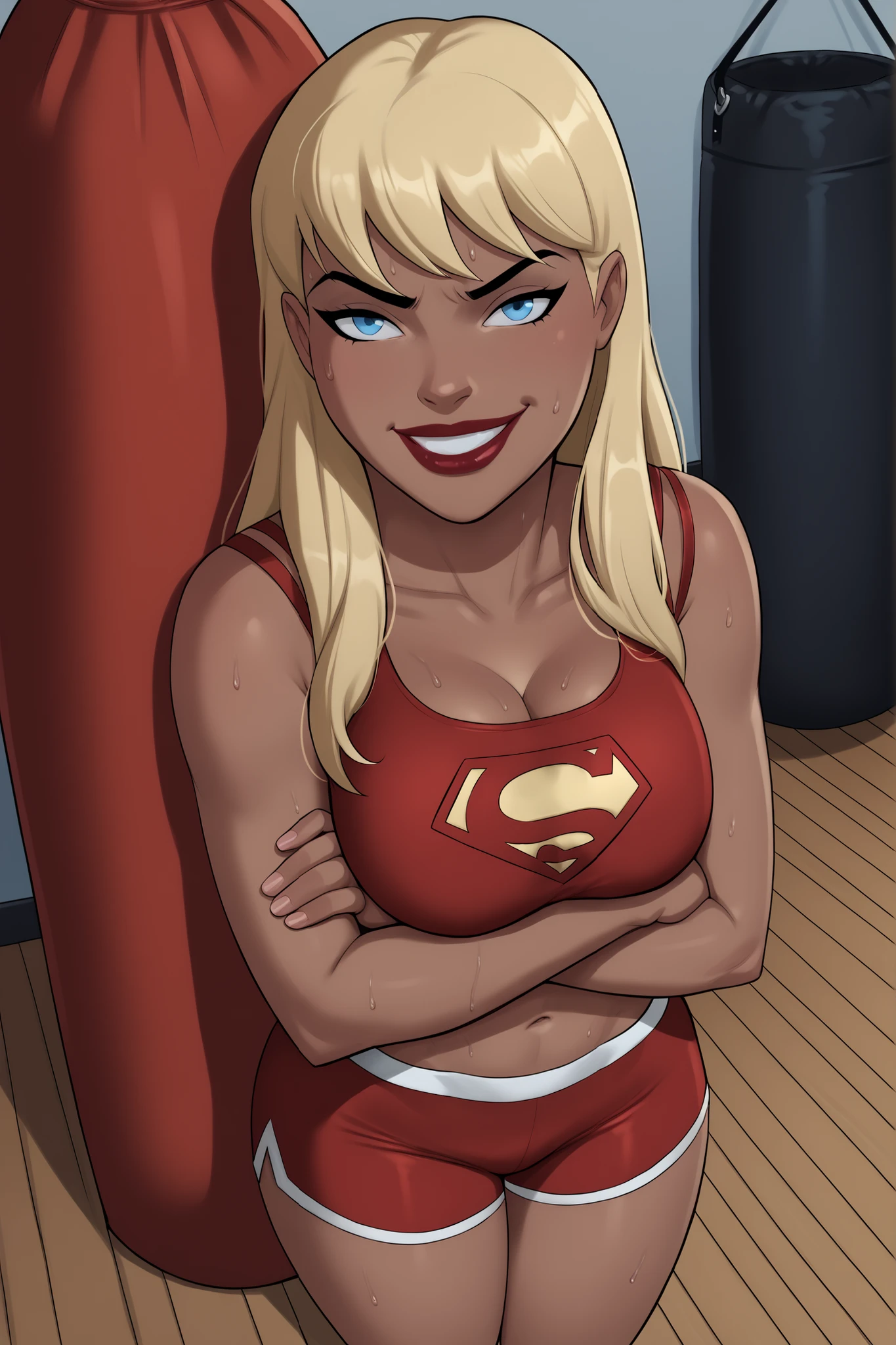 PonyXLV6_Scores BREAK ((parody), perfect anatomy, perfect eyes, cowboy shot) BREAK kara zor-el, long hair, blonde hair, blue eyes, dark-skinned female, lipstick, red lips, ((looking at viewer)), superhero, blue racerback sports bra, red spandex shorts, large breasts, curvy, athletic, standing, indoors, smiling, gym, punching bag, happy expression, crossed arms, arms crossed, high-angle view, sweaty, sweat drops 