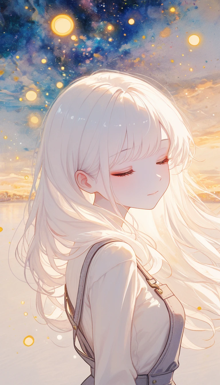  kawaii anime, soft light, sweet girl,solo, ultra wide shot, pastel art, watercolor, crayon art,anime background, italian city , sea side, kawaii anime, cinematic lighting, ultra aesthetic composition, A serene and ethereal panorama of a young woman with delicate, flowing white hair that cascades softly around her shoulders. Her expression is peaceful, with her eyes closed as if lost in a gentle dream. Her pale complexion glows softly in the diffused light, creating a sense of purity and calm. She wears a loose, lacy white garment, adding a touch of elegance and softness to her appearance.  fantasy city of italia , with soft beige and cream tones that blend seamlessly, emphasizing the tranquility and dreamlike quality of the image. The overall atmosphere evokes feelings of quiet introspection and angelic beauty.

