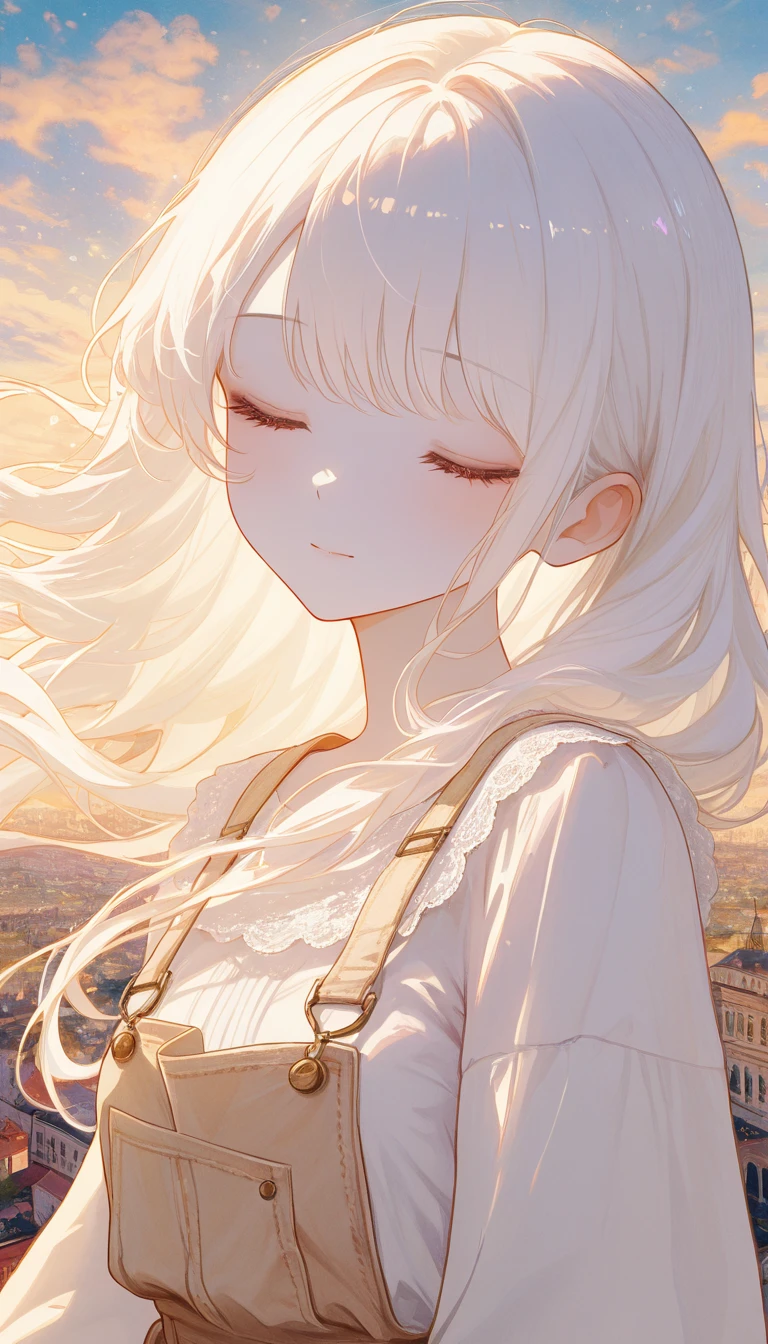  kawaii anime, soft light, sweet girl,solo, ultra wide shot, pastel art, watercolor, crayon art,anime background, italian city , sea side, kawaii anime, cinematic lighting, ultra aesthetic composition, A serene and ethereal panorama of a young woman with delicate, flowing white hair that cascades softly around her shoulders. Her expression is peaceful, with her eyes closed as if lost in a gentle dream. Her pale complexion glows softly in the diffused light, creating a sense of purity and calm. She wears a loose, lacy white garment, adding a touch of elegance and softness to her appearance.  fantasy city of italia , with soft beige and cream tones that blend seamlessly, emphasizing the tranquility and dreamlike quality of the image. The overall atmosphere evokes feelings of quiet introspection and angelic beauty.

