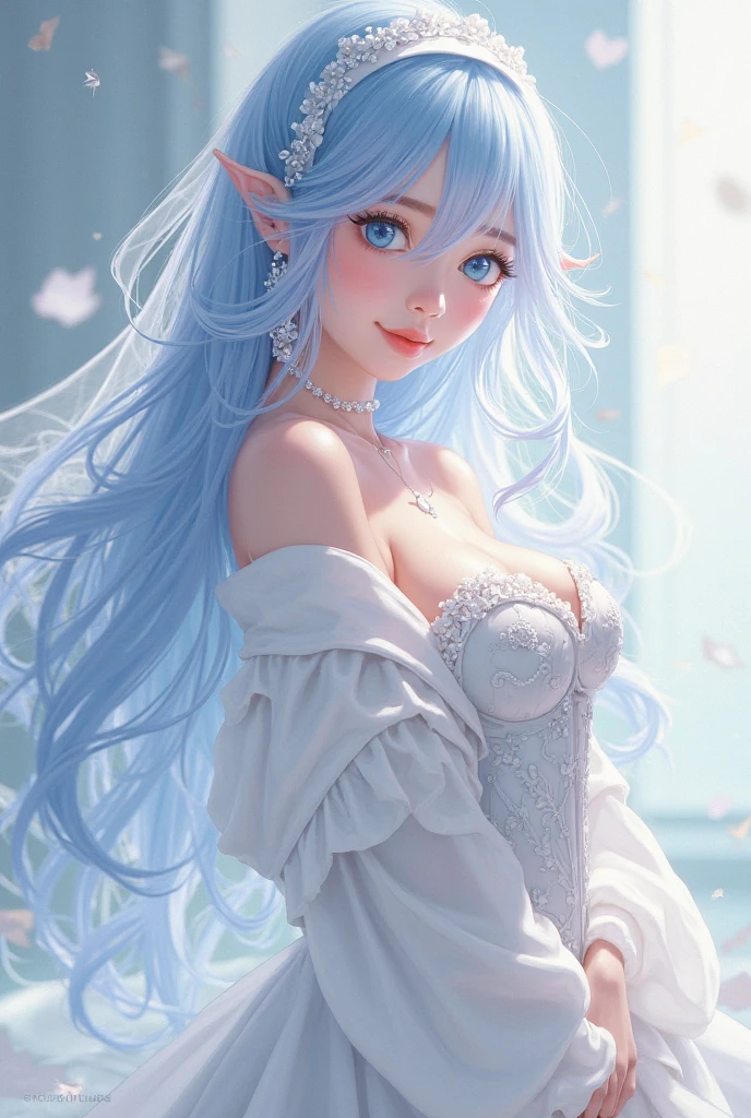 ((best quality)), absurdres, (ultra high res), (photorealistic), (hyperrealistic), 1girl, white and blue dress, strapless, strapless dress, multicolored hair, blue neckwear, heels, looking at viewer, (8k), (Masterpiece), (soft lighting), <lora:coser:0.5>