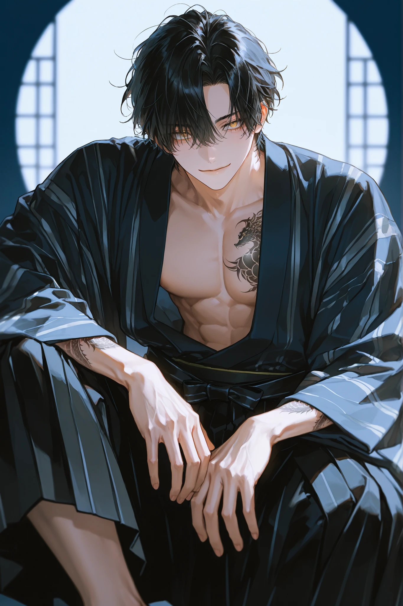 feet out of frame, 1 man, Adult male, 45 years old, おじさん, Older man, middle aged, male, handsome man, masculine, sexy, languid, decadent, muscular, black hair, short hair, wavy hair, natural center-parted bangs, long bangs, messy hair, natural flow, loose strands, pixcut, golden eyes, slightly droopy eyes, sharp eyebrows, easygoing face, smile, black irezumi tattoo on chest and arms, Men's kimono with subtle gray stripes on a deep blue background, simple yet luxurious design, fabric is heavy silk, subtle sheen when touched by light, hakama is deep black, intricate details, finger detail, high resolution illustration, very aesthetic best quality, intricate details, finger detail, masterpiece、high resolution illustration, very aesthetic best quality、Good quality、 average quality 、 super detailed、 very beautiful、 absurd、 blurry background、 depth of field、 natural light、 soft lighting 、Good hands 、 detailed eyes , detailed hair、sensitive, high resolution illustration, very aesthetic, detailed face, finely detailed beautiful eyes and detailed face, masterpiece, Top quality, High detail, 8k, Beautiful appearance, eye highlights, random pose, ((thigh,knee, calf,)) no fang, Confidence, boldness