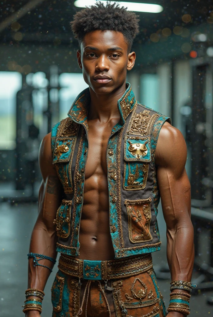 A black man with curly, light brown hair, (blue colored eyes), wearing a gray crop top, a white football jacket, wearing cargo pants