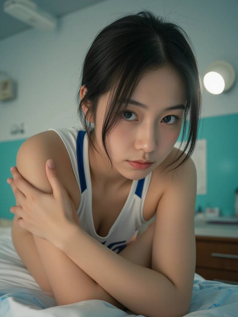 Highest quality, full body detail, golden ratio, (dramatic lighting: 0.7), masterpiece, high angle shot, above angle, ceiling shot, RAW photo (pale 13 year old female with long hair, looking up at the viewer), cute, ( laying in bed, legs open), full body portrait, perfect face, captivating eyes, vivid details, (highly detailed skin), sfw, (blue tint: 0.6), (dirty: 0.8), (bloody : 0.7 ), key lighting, (backlighting: 0.5), depth of field, Canon 5D, 50mm lens, F/4 aperture, (super detail, intricate detail), sharp focus, soft colors, 8k, consciously, hyper realistic, real, human, naked, no clothes, realistic,