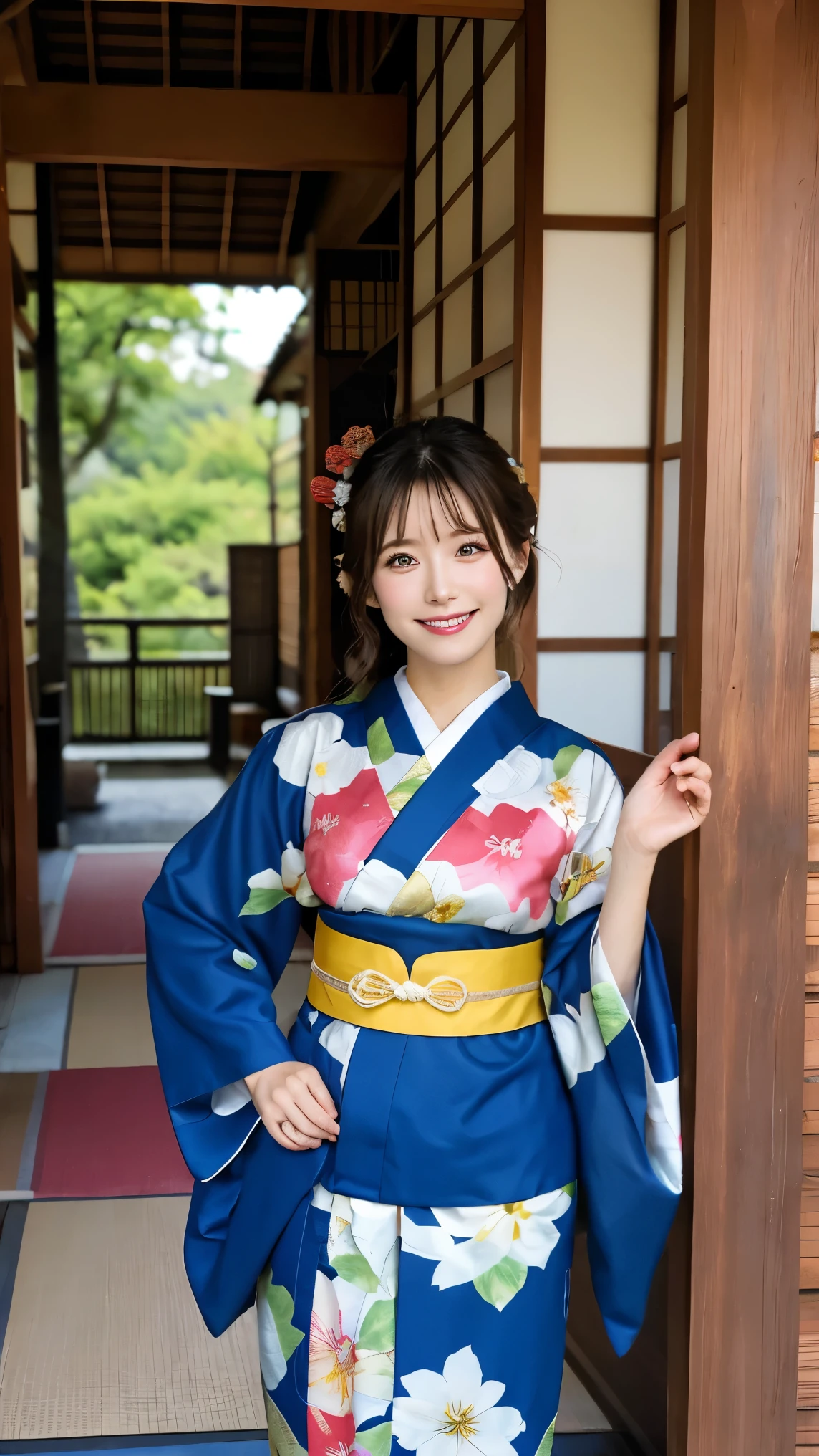 (masterpiece:1.3), High resolution, Super detailed, Highly detailed CG Unity 8K wallpaper, realistic, photo-realistic, RAW photo, beautiful detailed face, white skin, realistic glistening skin, fine cloth texture, detailed hair texture, perfect body, beautiful face, Accurate, anatomically correct, Highly detailed face and skin texture, natural neck length, (beautiful hands), (Fair skin:1.2), thin legs, thin legs, Beautifully aligned teeth throughout the body、Plump thighs、I can see my thighs、Kimono length is short、mooth calves、
fine eyes, symmetrical eyes, light brown eyes, double eyelid, (glossy lips:1.4), ((smile gently:1.2)), (blush:1.1)
Low - Angle、Projection from below、
(very cute girl:1.3), ((Wearing a cute high-class yukata with a floral pattern:1.3)),
big breasts、Plump breasts, (slender body shape:1.1)
((asymmetrical bangs:1.2)), shortcut
((elegant posture:1.3)),
((In a wide overnight ride in Kyoto:1.4)),looking at the viewer