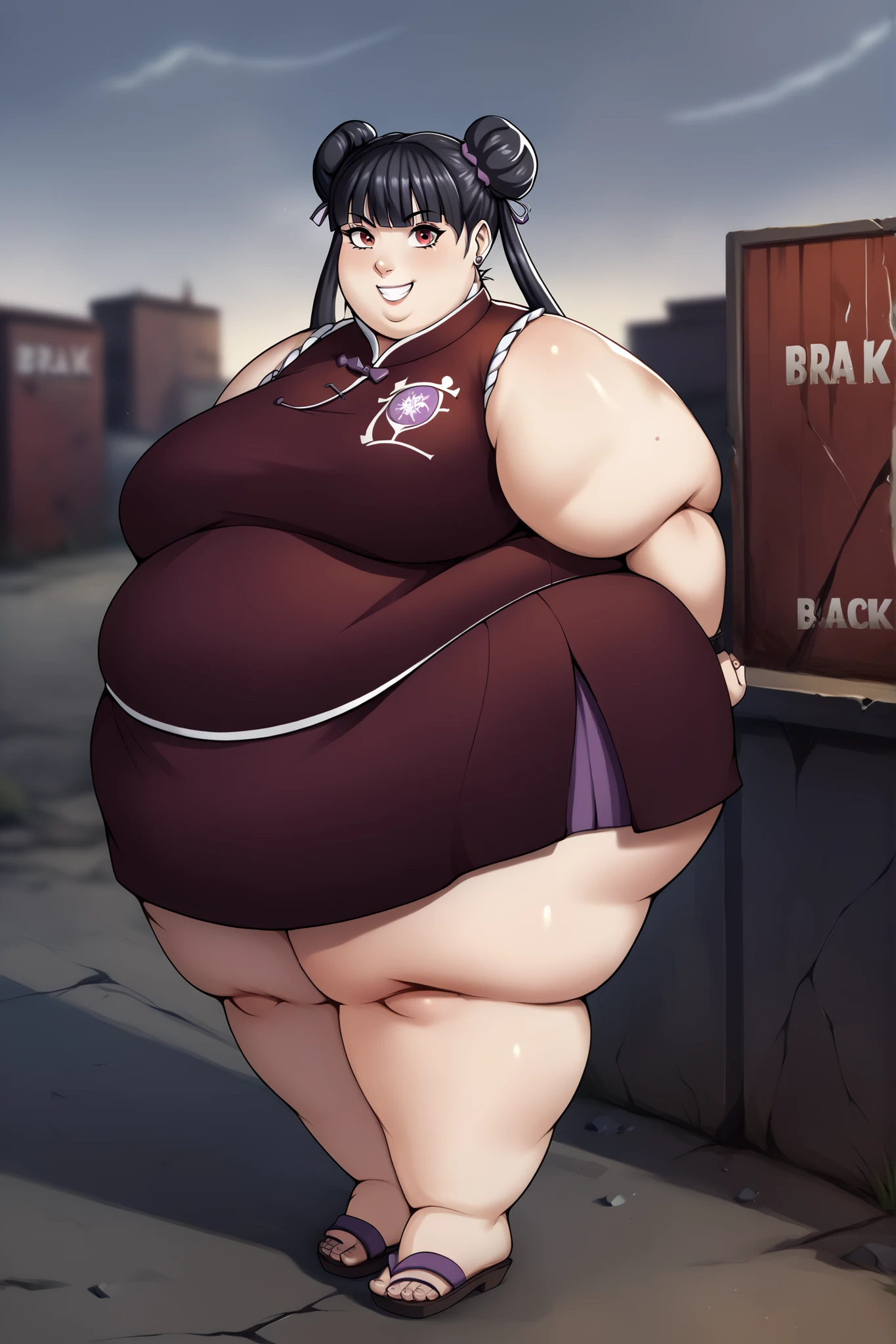 score_9, score_8_up, score_7_up, score_6_up, score_5_up, score_4_up, BREAK, source_anime,
1girl, black hair, blunt bangs, double bun, long hair, red eyes, twin tails, breasts
purple cheongsam, sandals, SSBBW, fat, 500 lbs.,
hands behind back, smile, full body, looking at viewer, solo, outdoors, wasteland